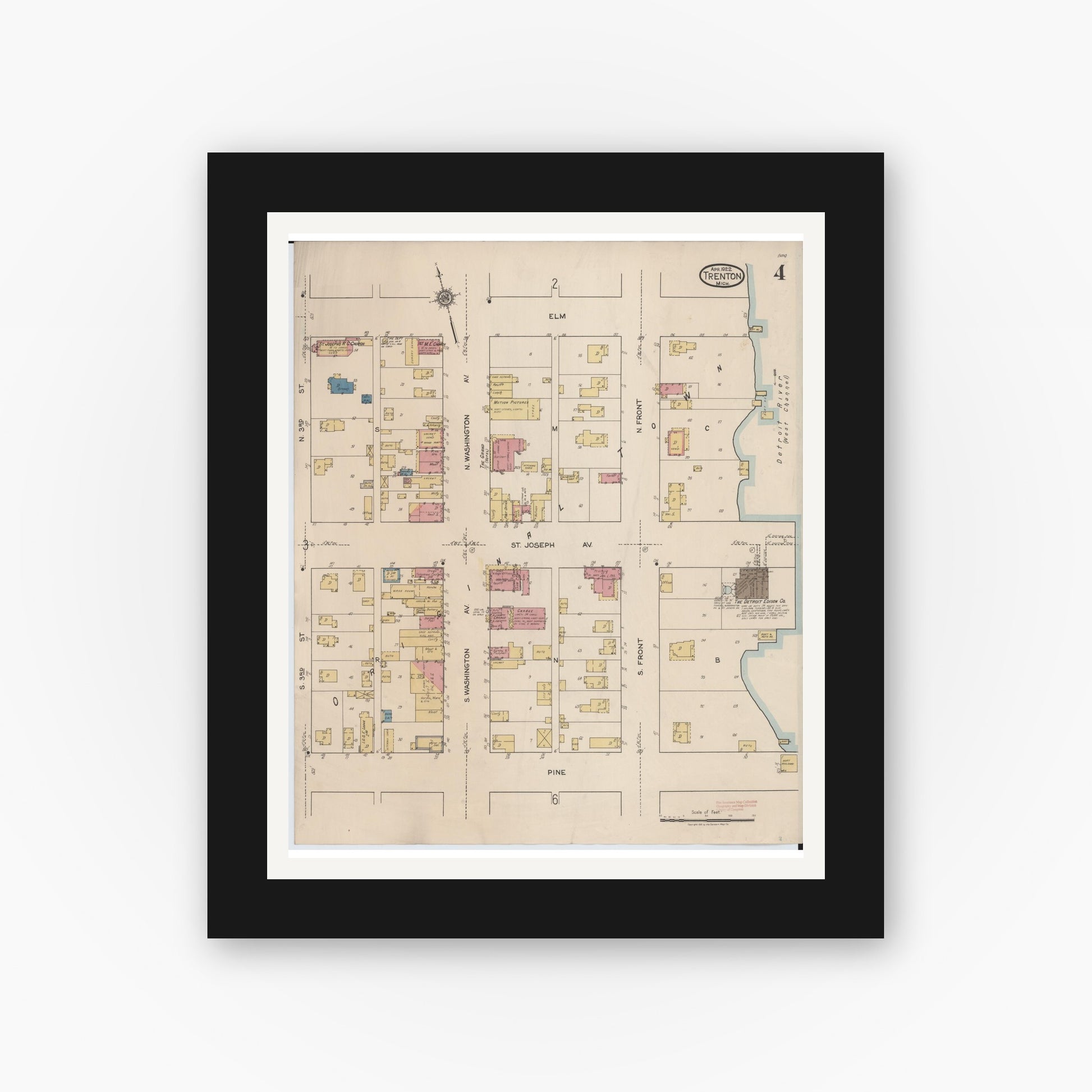 Old map wall art mockup — black gallery frame with white mat — Sanborn Fire Insurance Map from Trenton, Wayne County, Michigan (1922), Sheet #0004