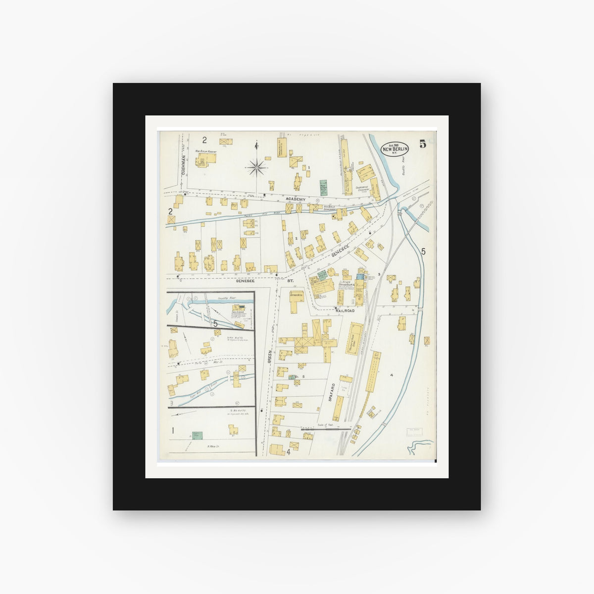 Old map wall art mockup — black gallery frame with white mat — Sanborn Fire Insurance Map from New Berlin, Chenango County, New York (1905), Sheet #0005