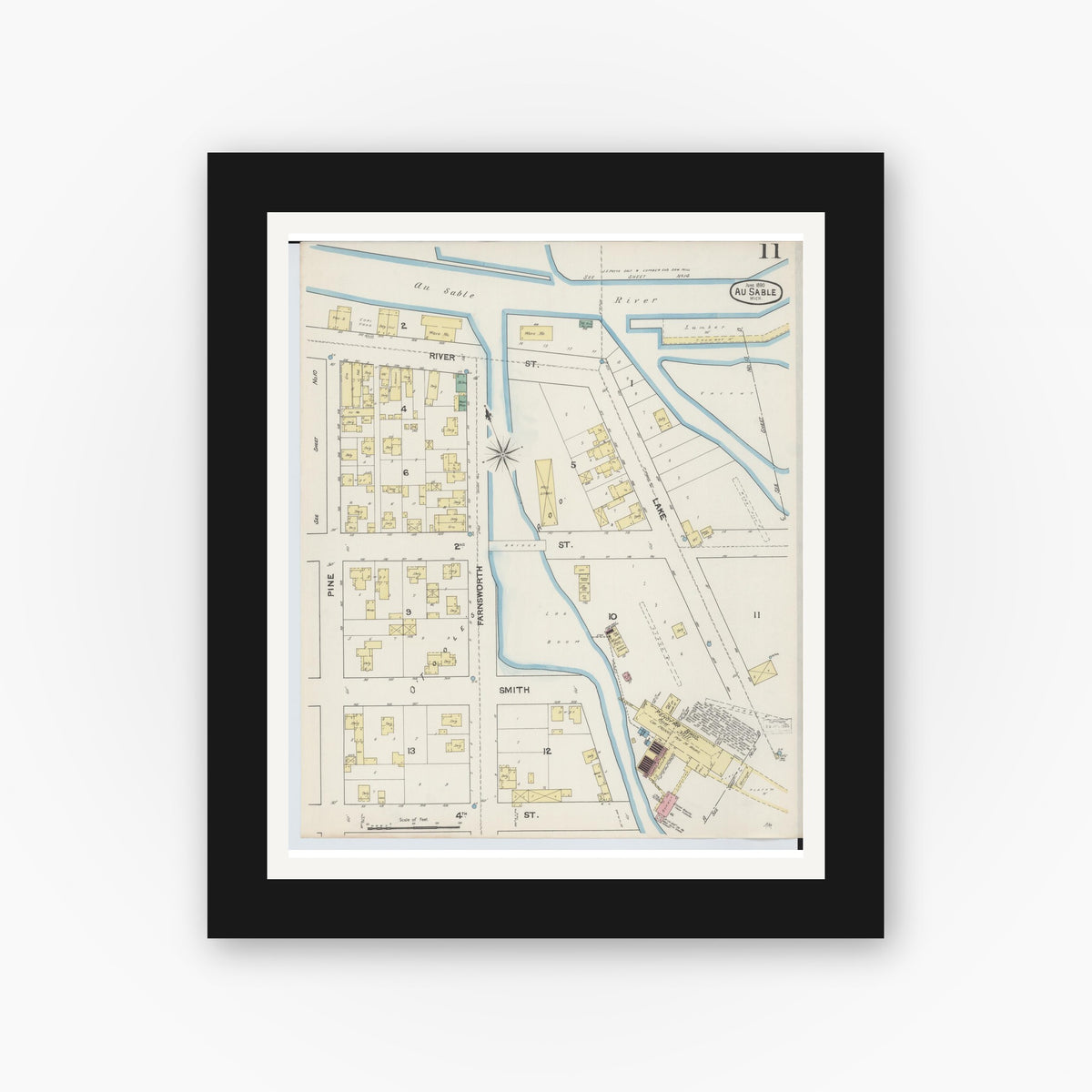 Old map wall art mockup — black gallery frame with white mat — Sanborn Fire Insurance Map from Oscoda, Iosco County, Michigan (1890), Sheet #0011