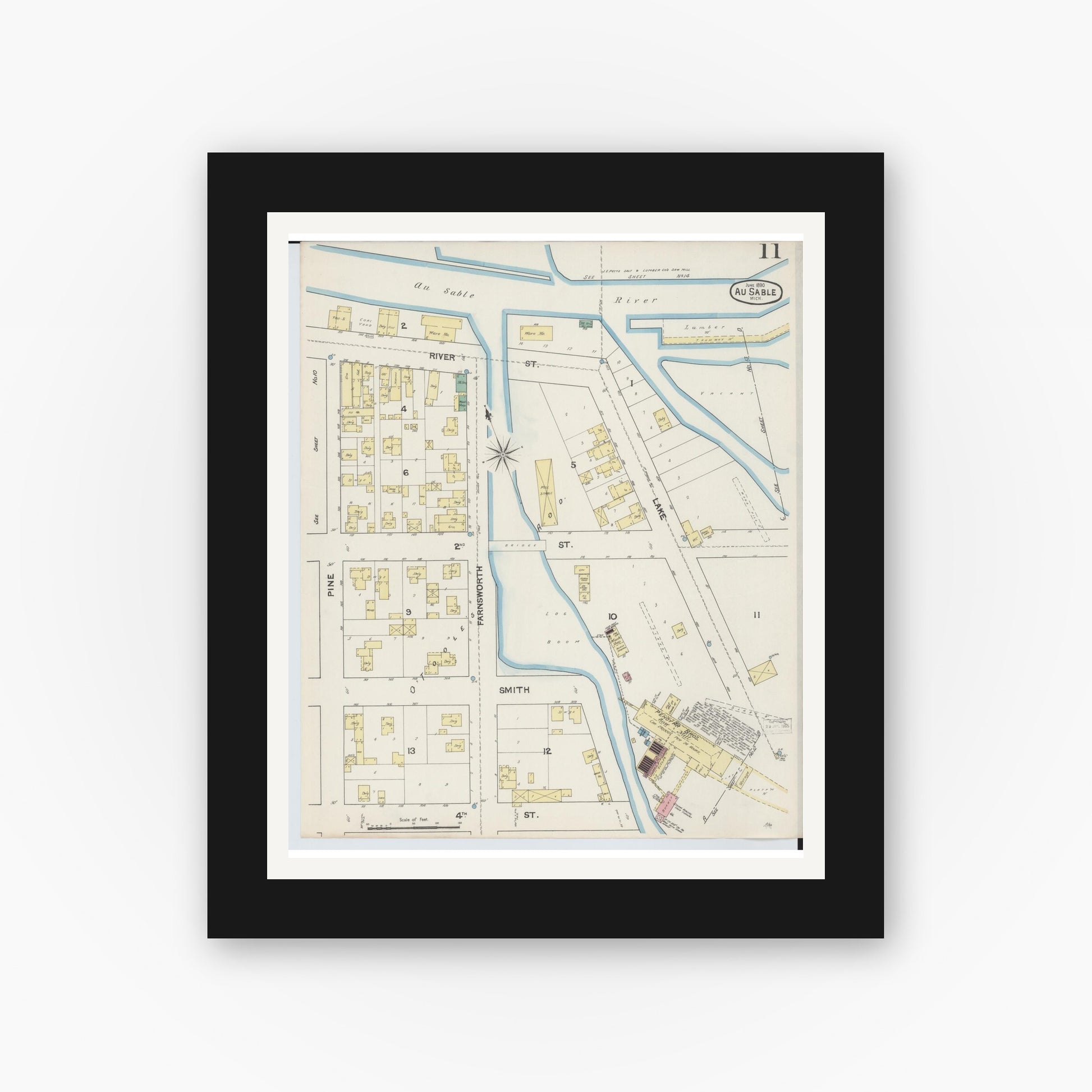 Old map wall art mockup — black gallery frame with white mat — Sanborn Fire Insurance Map from Oscoda, Iosco County, Michigan (1890), Sheet #0011