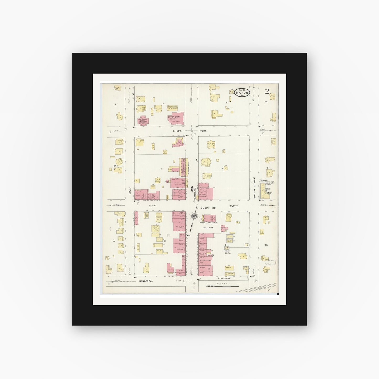 Old map wall art mockup — black gallery frame with white mat — Sanborn Fire Insurance Map from Marion, Mcdowell County, North Carolina (1913), Sheet #0002