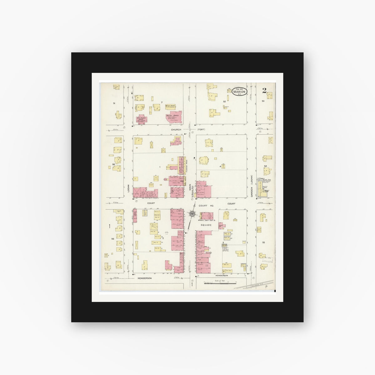 Old map wall art mockup — black gallery frame with white mat — Sanborn Fire Insurance Map from Marion, Mcdowell County, North Carolina (1913), Sheet #0002