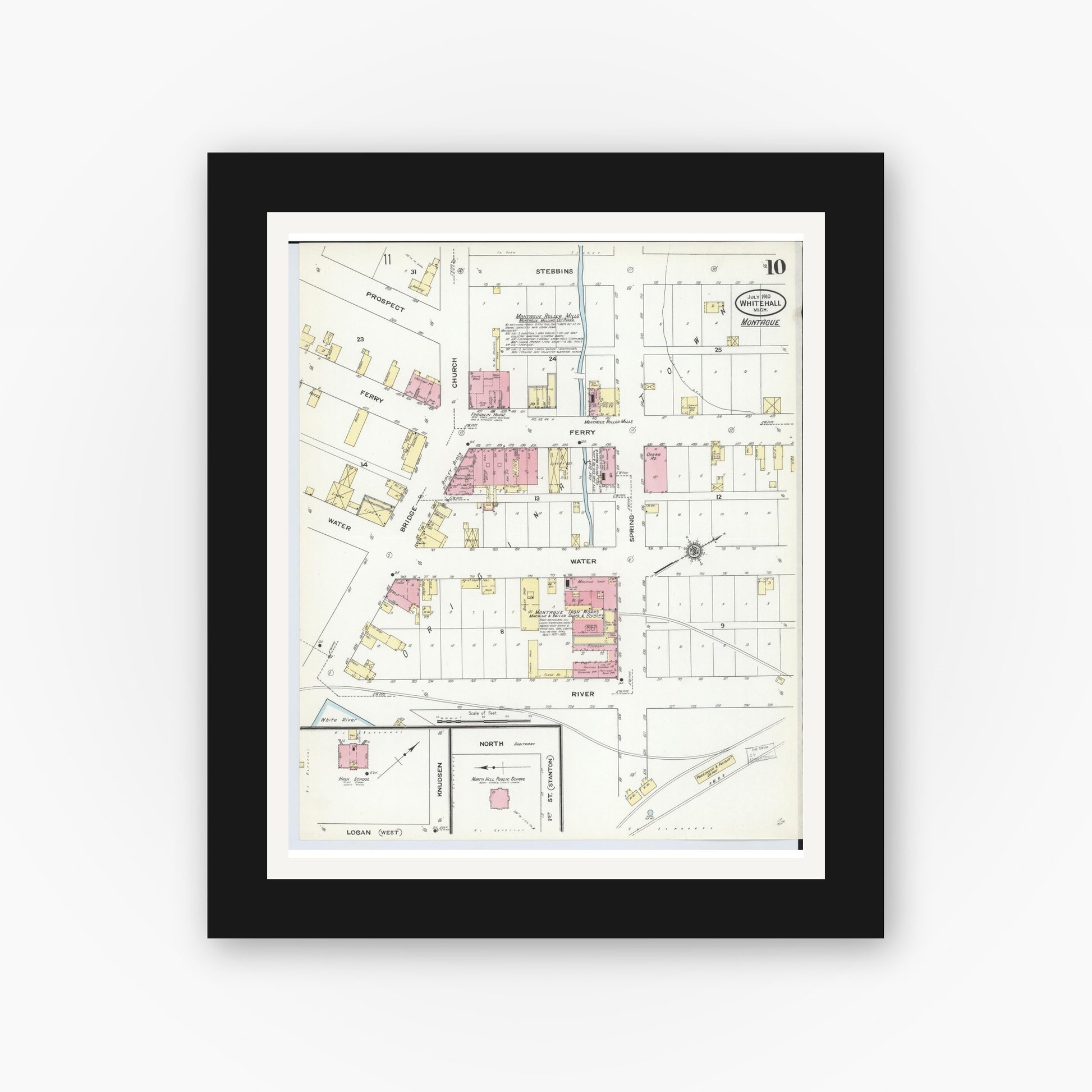 Old map wall art mockup — black gallery frame with white mat — Sanborn Fire Insurance Map from Whitehall, Muskegon County, Michigan (1910), Sheet #0010