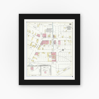 Old map wall art mockup — black gallery frame with white mat — Sanborn Fire Insurance Map from Whitehall, Muskegon County, Michigan (1910), Sheet #0010