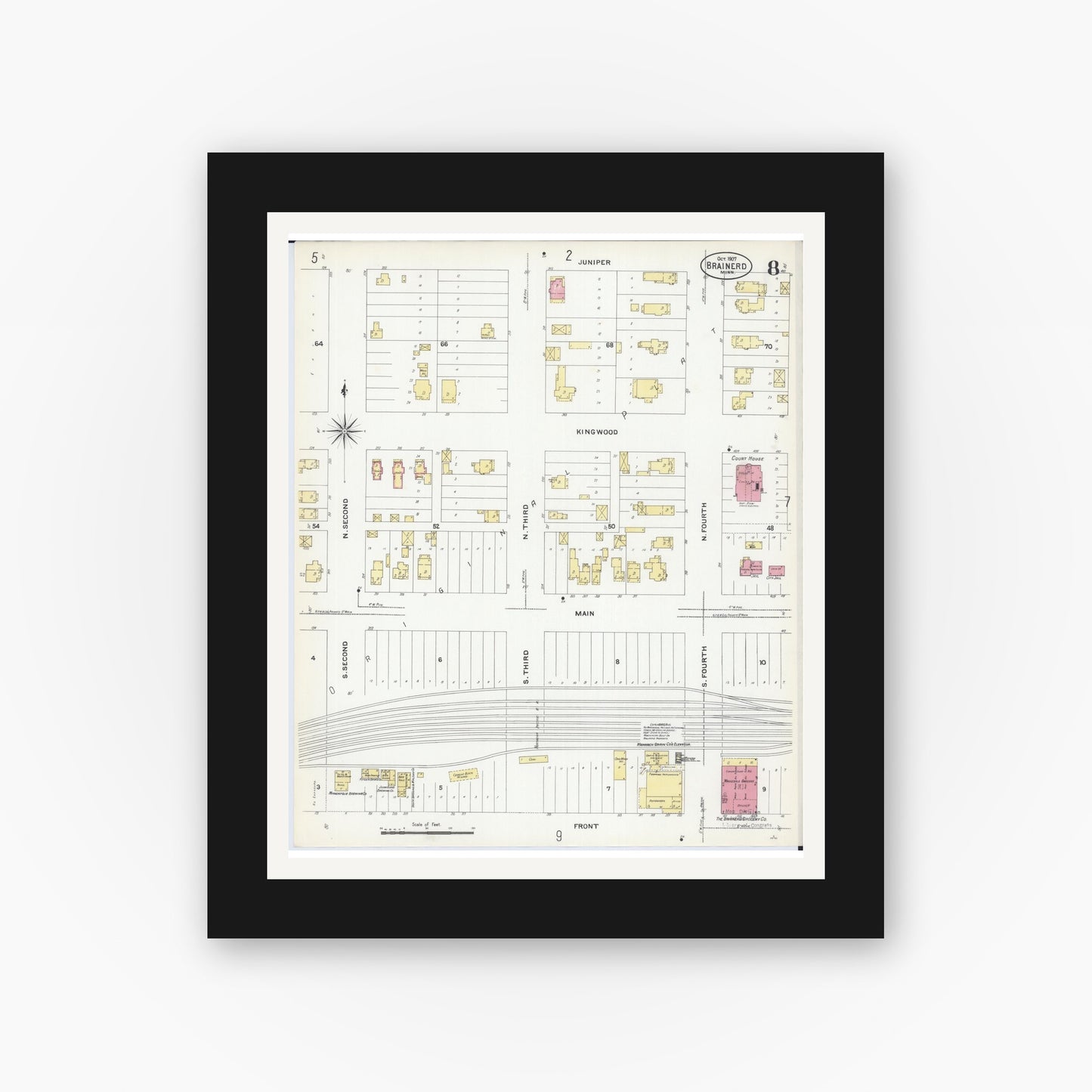 Old map wall art mockup — black gallery frame with white mat — Sanborn Fire Insurance Map from Brainerd, Crow Wing County, Minnesota (1907), Sheet #0008