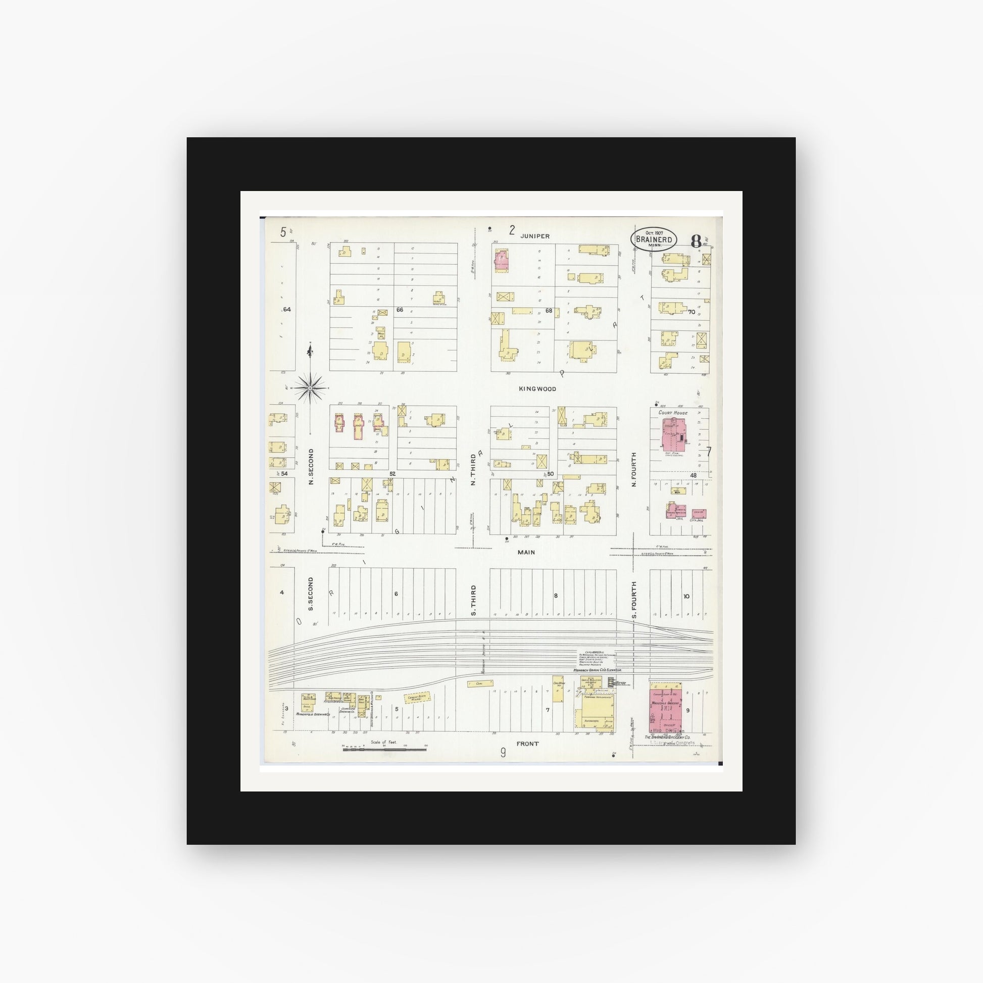 Old map wall art mockup — black gallery frame with white mat — Sanborn Fire Insurance Map from Brainerd, Crow Wing County, Minnesota (1907), Sheet #0008