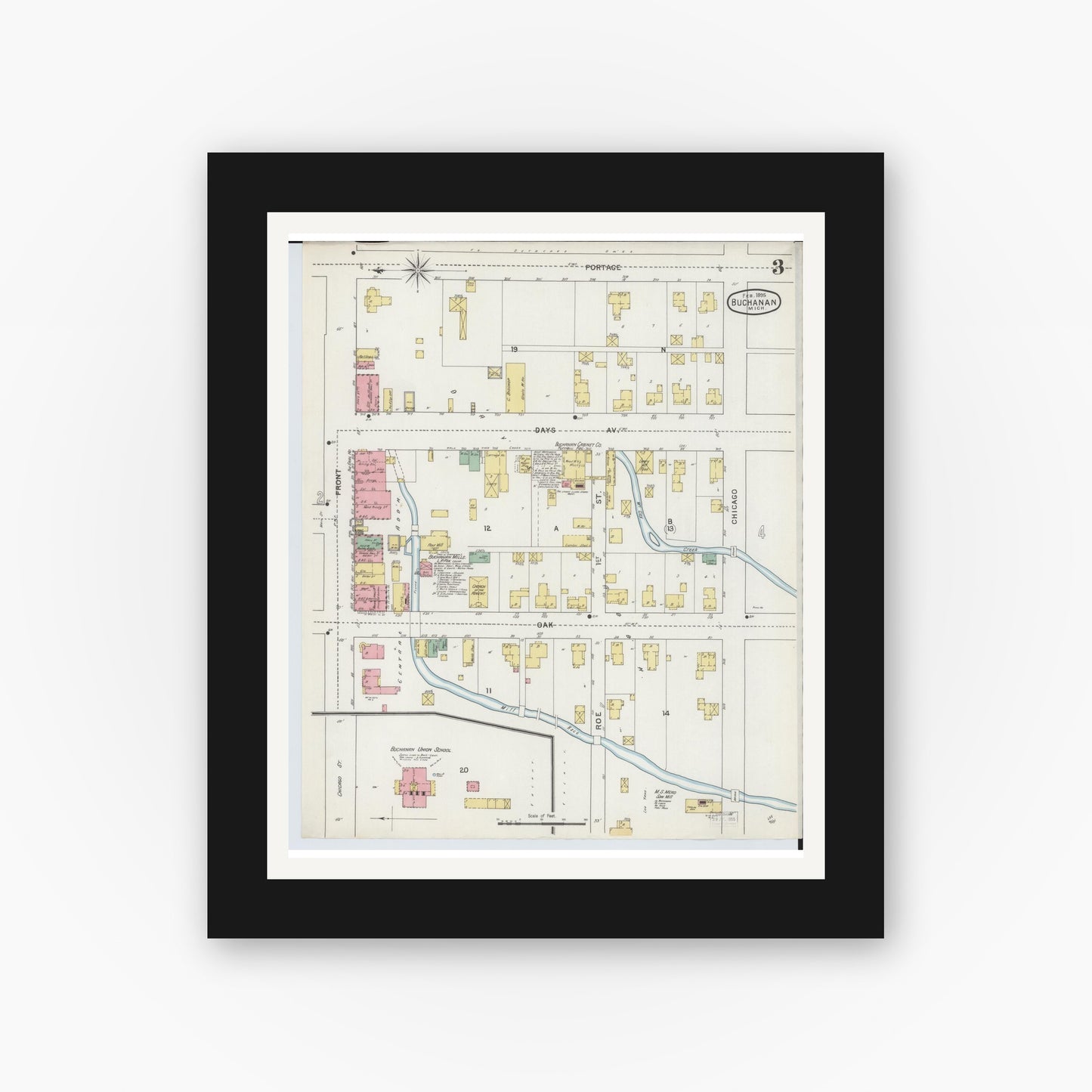 Old map wall art mockup — black gallery frame with white mat — Sanborn Fire Insurance Map from Buchanan, Berrien County, Michigan (1895), Sheet #0003