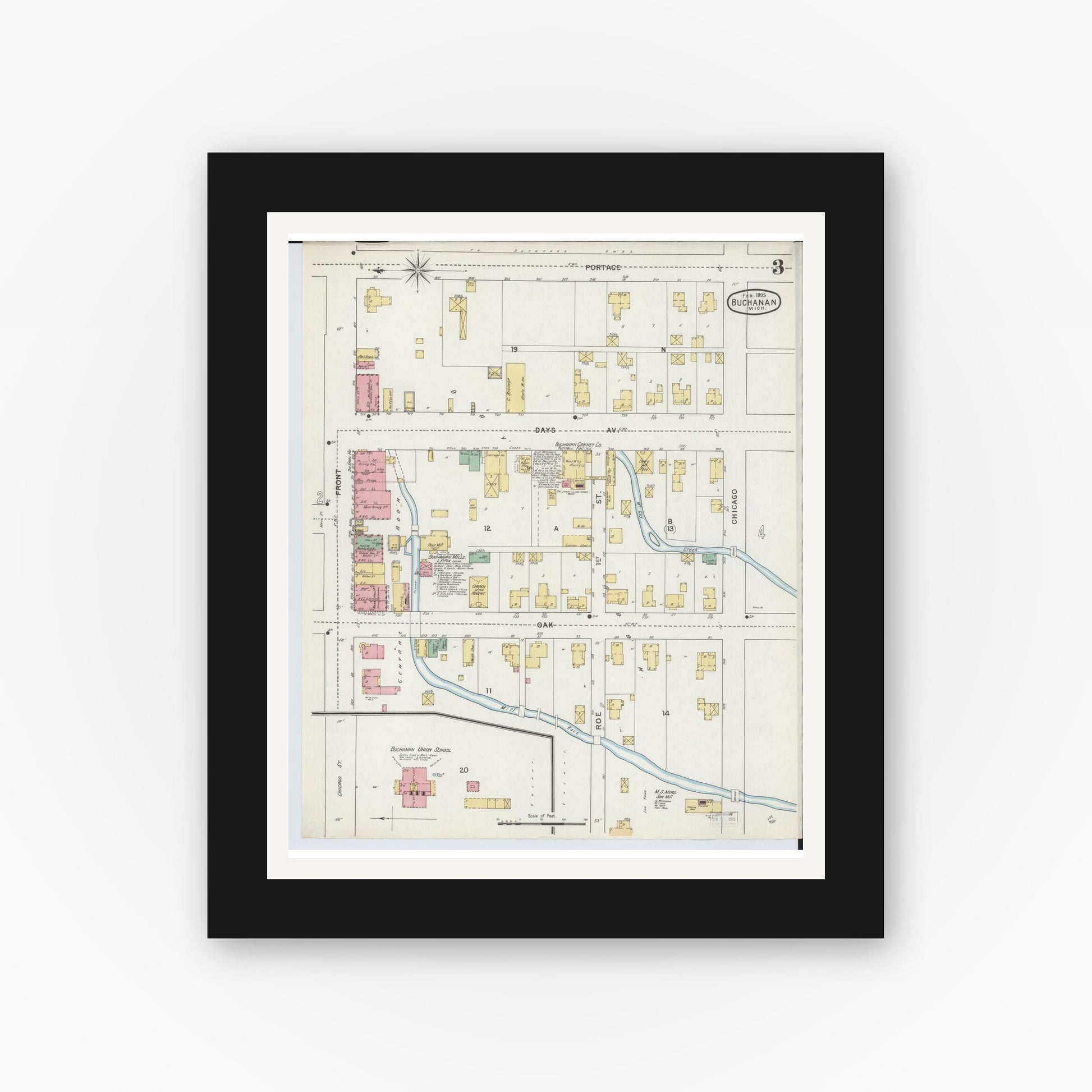 Old map wall art mockup — black gallery frame with white mat — Sanborn Fire Insurance Map from Buchanan, Berrien County, Michigan (1895), Sheet #0003