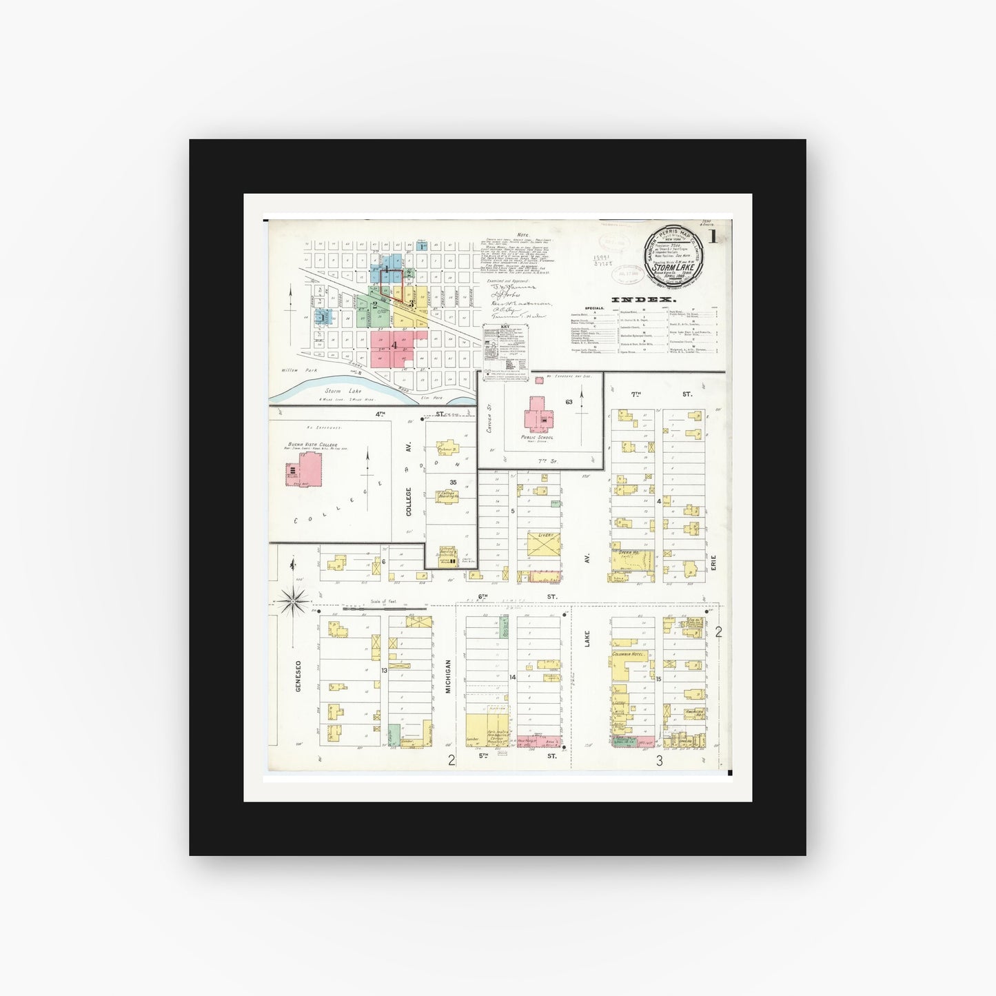 Old map wall art mockup — black gallery frame with white mat — Sanborn Fire Insurance Map from Storm Lake, Buena Vista County, Iowa (1899), Sheet #0001
