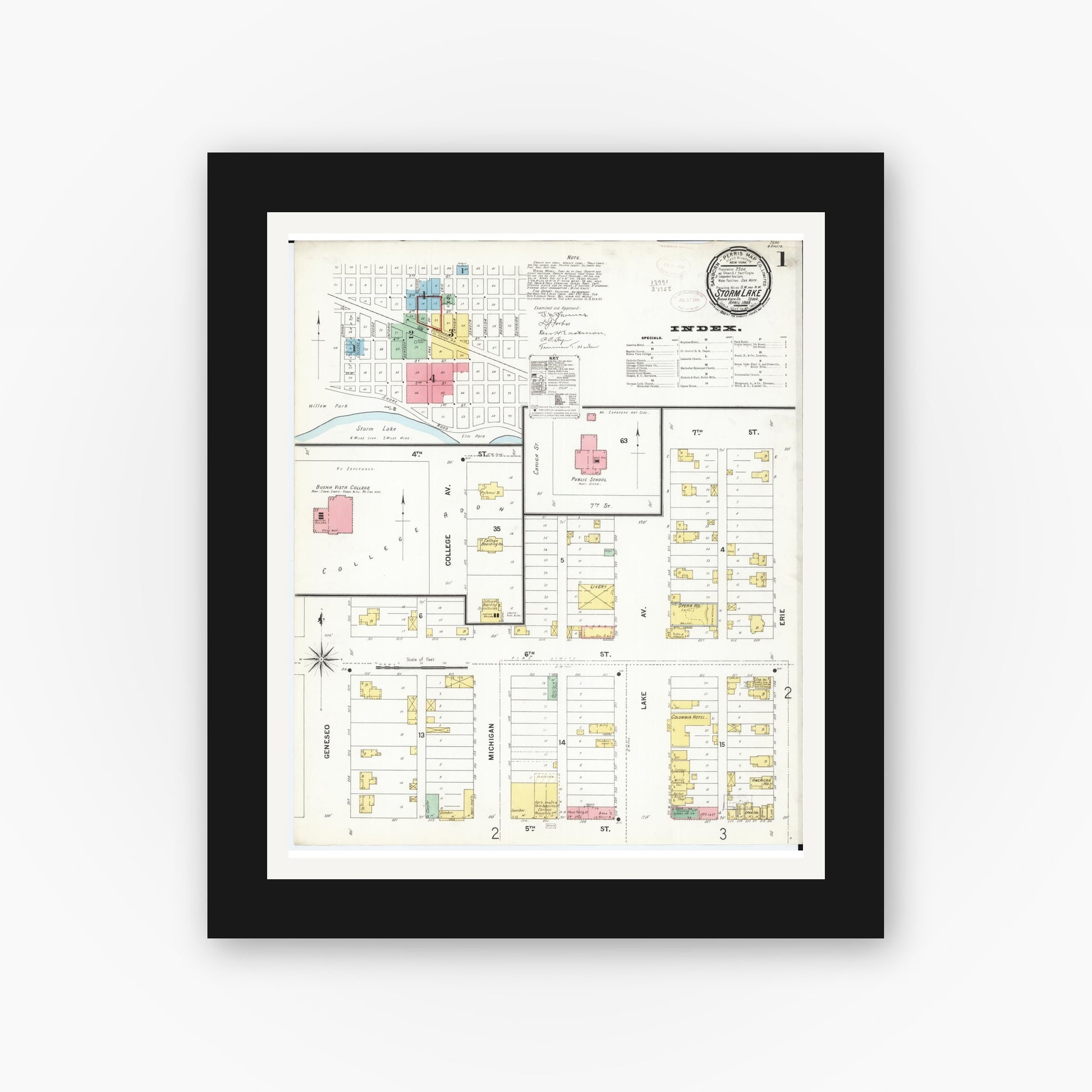 Old map wall art mockup — black gallery frame with white mat — Sanborn Fire Insurance Map from Storm Lake, Buena Vista County, Iowa (1899), Sheet #0001