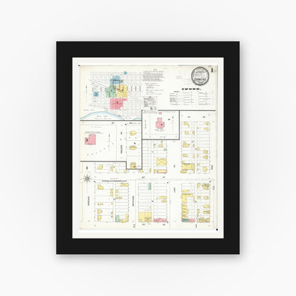 Old map wall art mockup — black gallery frame with white mat — Sanborn Fire Insurance Map from Storm Lake, Buena Vista County, Iowa (1899), Sheet #0001