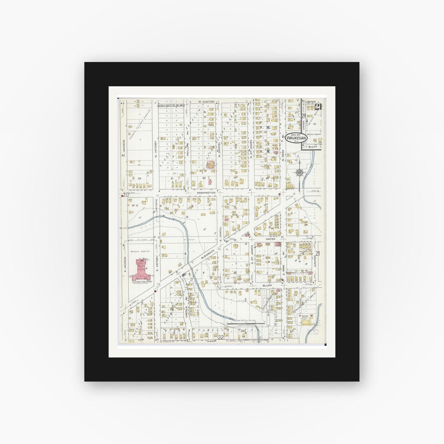 Old map wall art mockup — black gallery frame with white mat — Sanborn Fire Insurance Map from Waukegan, Lake County, Illinois (1917), Sheet #0021
