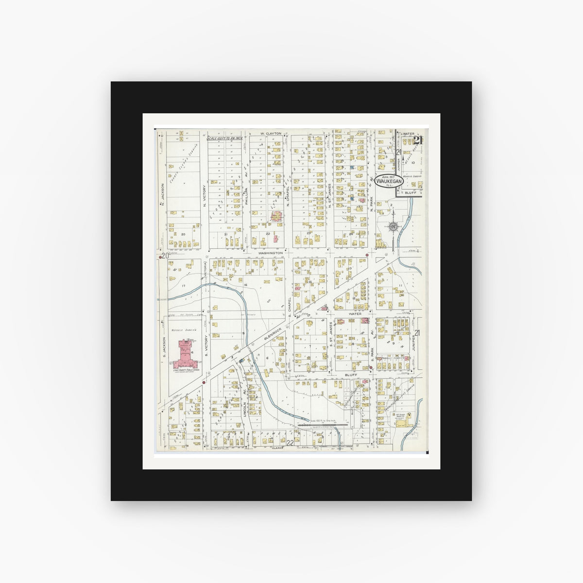 Old map wall art mockup — black gallery frame with white mat — Sanborn Fire Insurance Map from Waukegan, Lake County, Illinois (1917), Sheet #0021