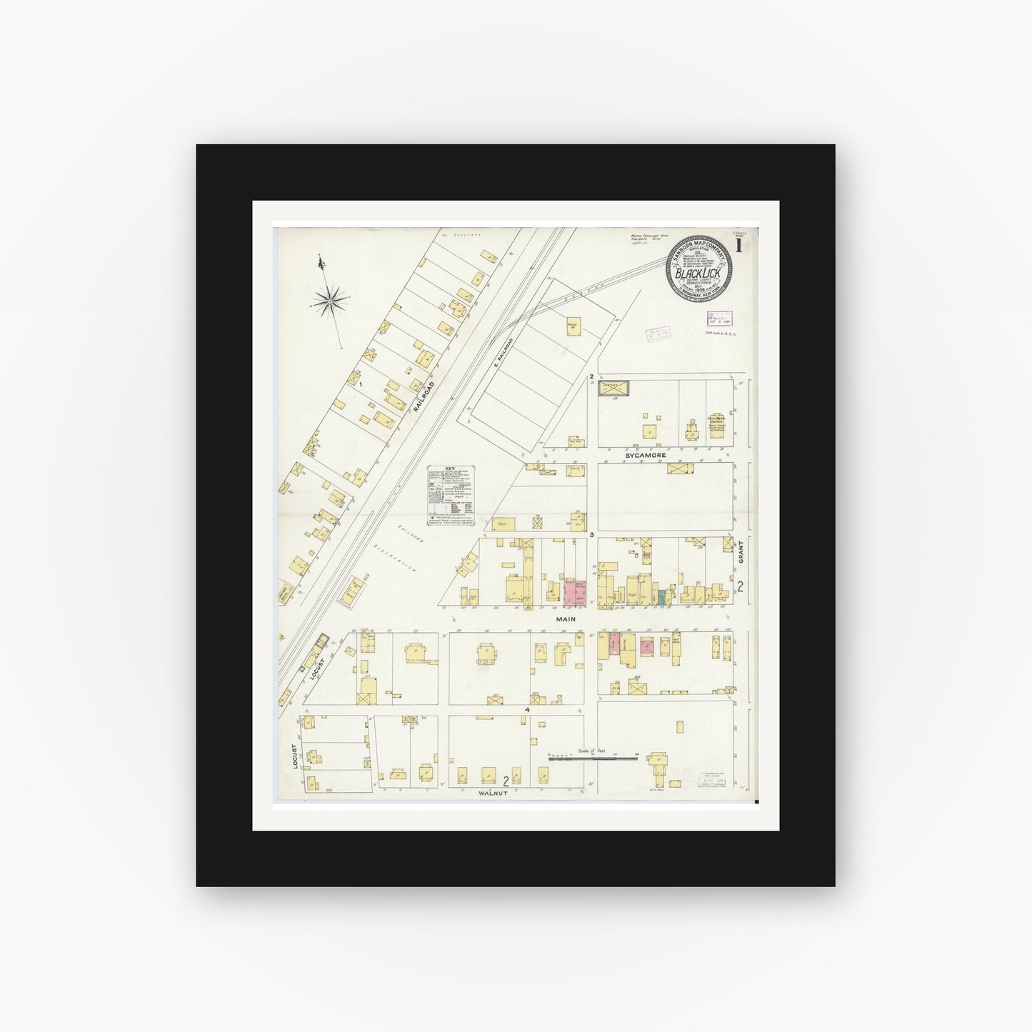 Old map wall art mockup — black gallery frame with white mat — Sanborn Fire Insurance Map from Black Lick, Indiana County, Pennsylvania (1909) - Complete Map Set