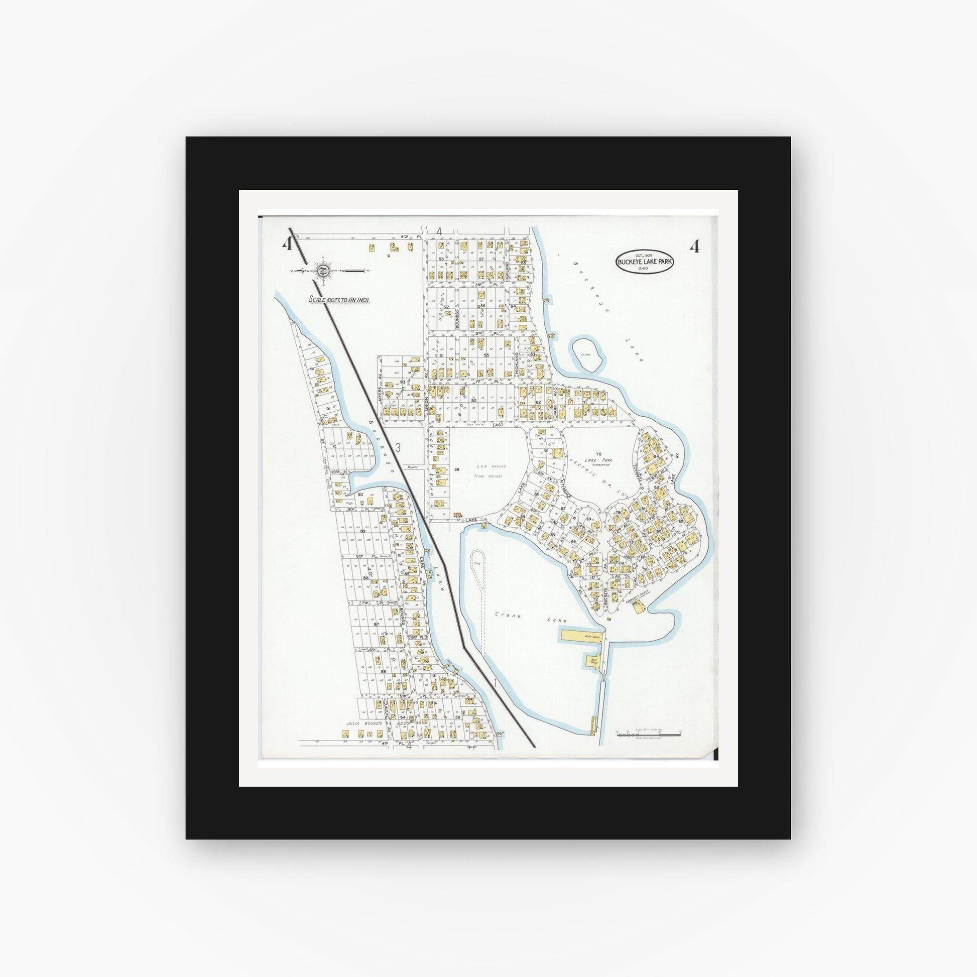 Old map wall art mockup — black gallery frame with white mat — Sanborn Fire Insurance Map from Buckeye Lake, Licking County, Ohio (1929), Sheet #0004