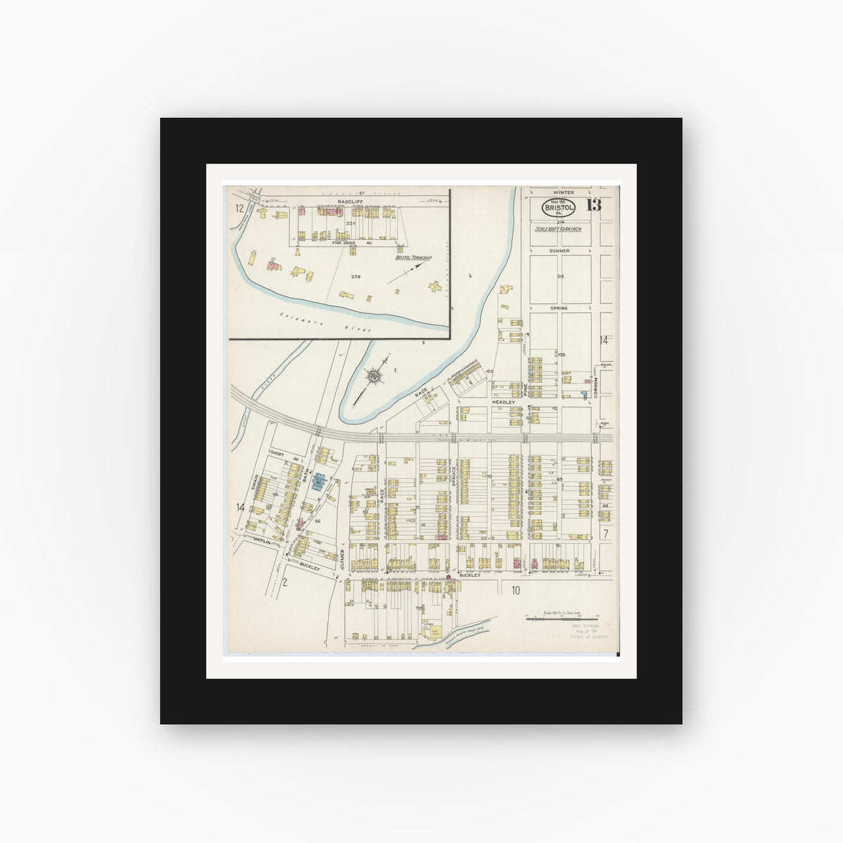 Old map wall art mockup — black gallery frame with white mat — Sanborn Fire Insurance Map from Bristol, Bucks County, Pennsylvania (1915), Sheet #0013
