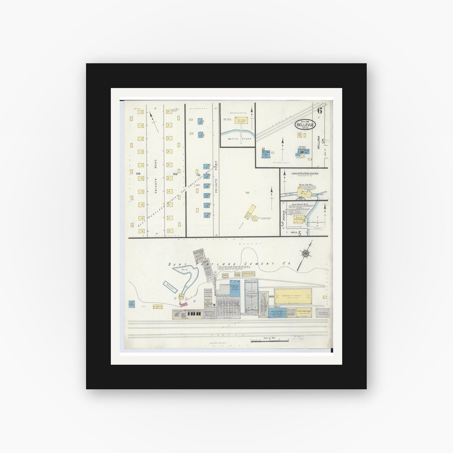 Old map wall art mockup — black gallery frame with white mat — Sanborn Fire Insurance Map from Bellevue, Eaton County, Michigan (1916), Sheet #0006