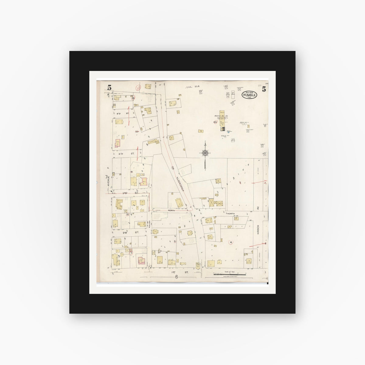Old map wall art mockup — black gallery frame with white mat — Sanborn Fire Insurance Map from Humble, Harris County, Texas (1940), Sheet #0005