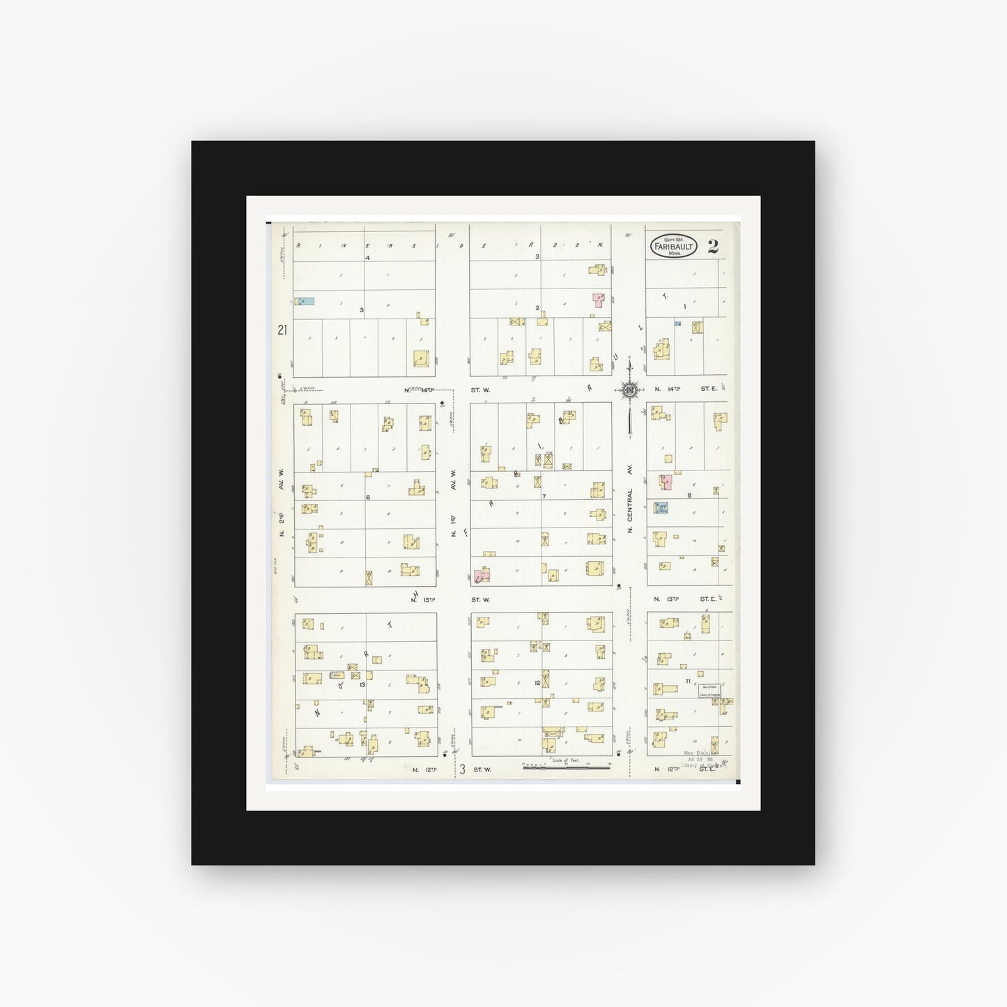 Old map wall art mockup — black gallery frame with white mat — Sanborn Fire Insurance Map from Faribault, Rice County, Minnesota (1914), Sheet #0002