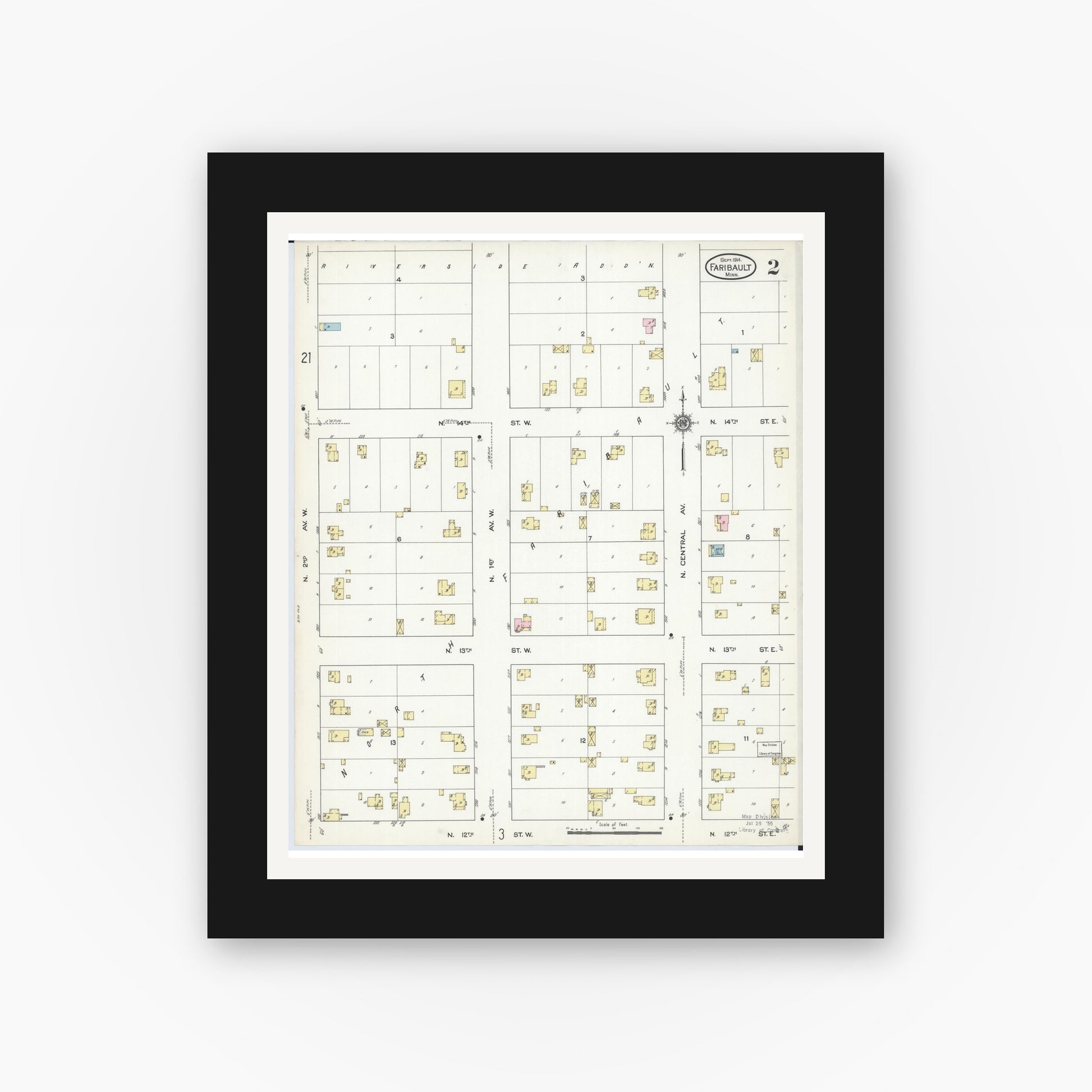 Old map wall art mockup — black gallery frame with white mat — Sanborn Fire Insurance Map from Faribault, Rice County, Minnesota (1914), Sheet #0002