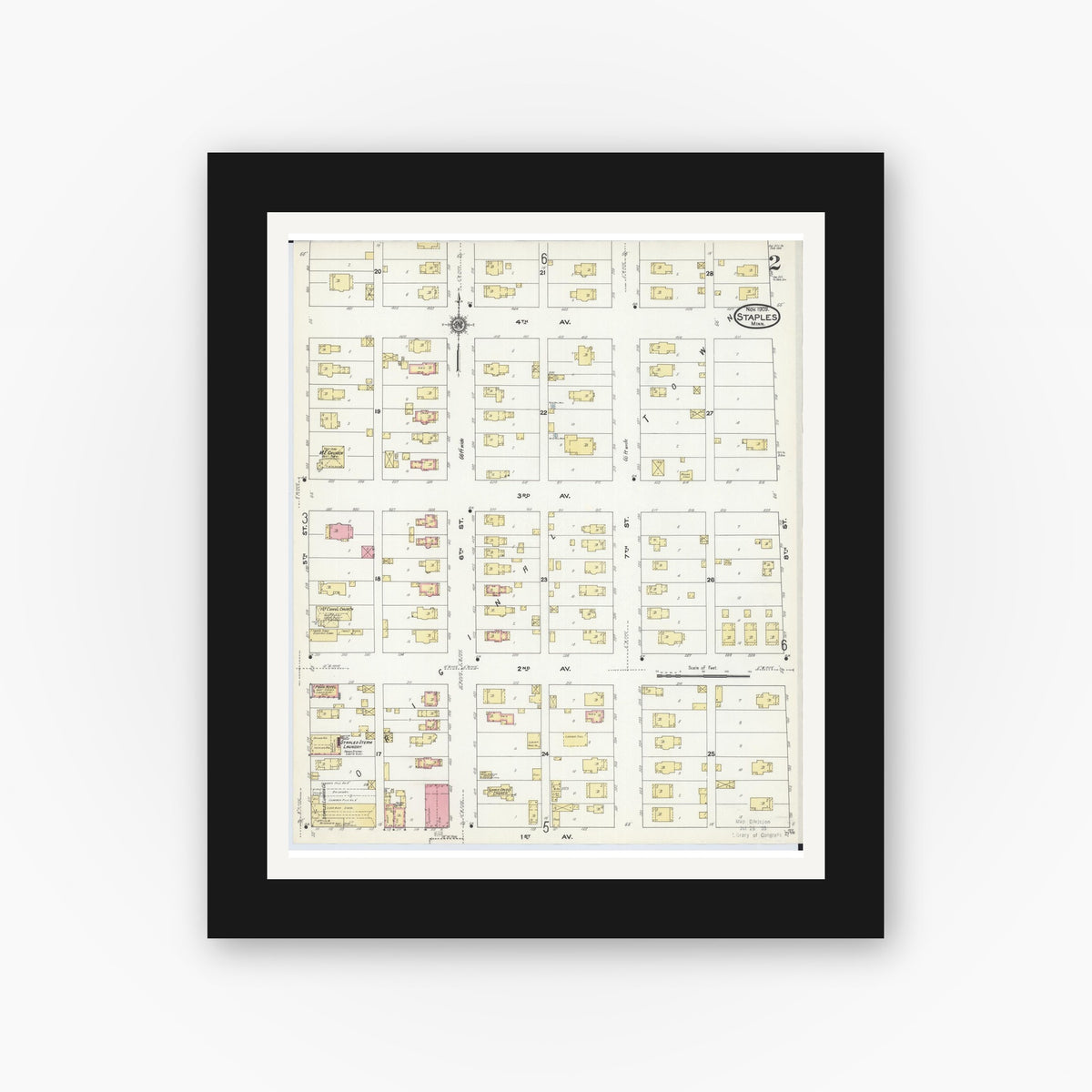 Old map wall art mockup — black gallery frame with white mat — Sanborn Fire Insurance Map from Staples, Todd County, Minnesota (1909), Sheet #0002
