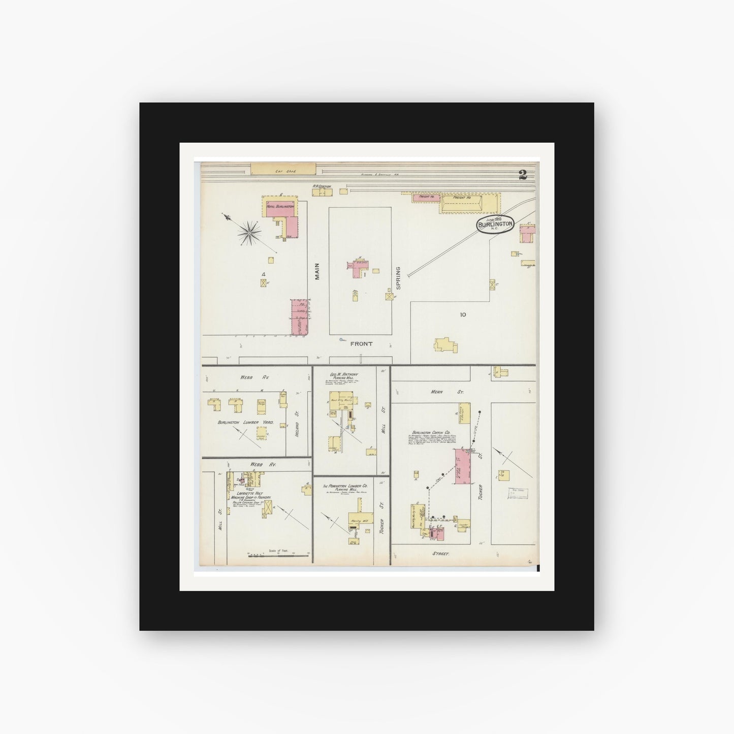 Old map wall art mockup — black gallery frame with white mat — Sanborn Fire Insurance Map from Burlington, Alamance County, North Carolina (1893), Sheet #0002