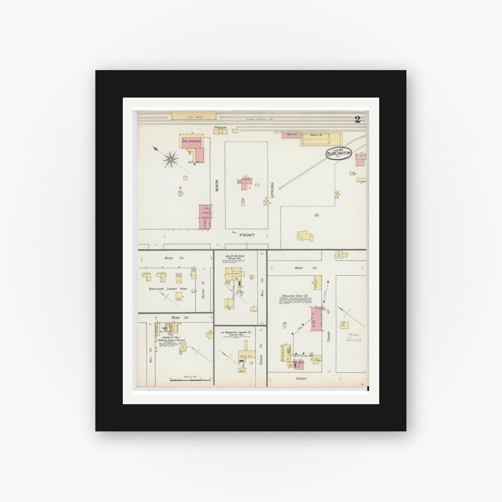 Old map wall art mockup — black gallery frame with white mat — Sanborn Fire Insurance Map from Burlington, Alamance County, North Carolina (1893), Sheet #0002
