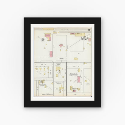 Old map wall art mockup — black gallery frame with white mat — Sanborn Fire Insurance Map from Burlington, Alamance County, North Carolina (1893), Sheet #0002