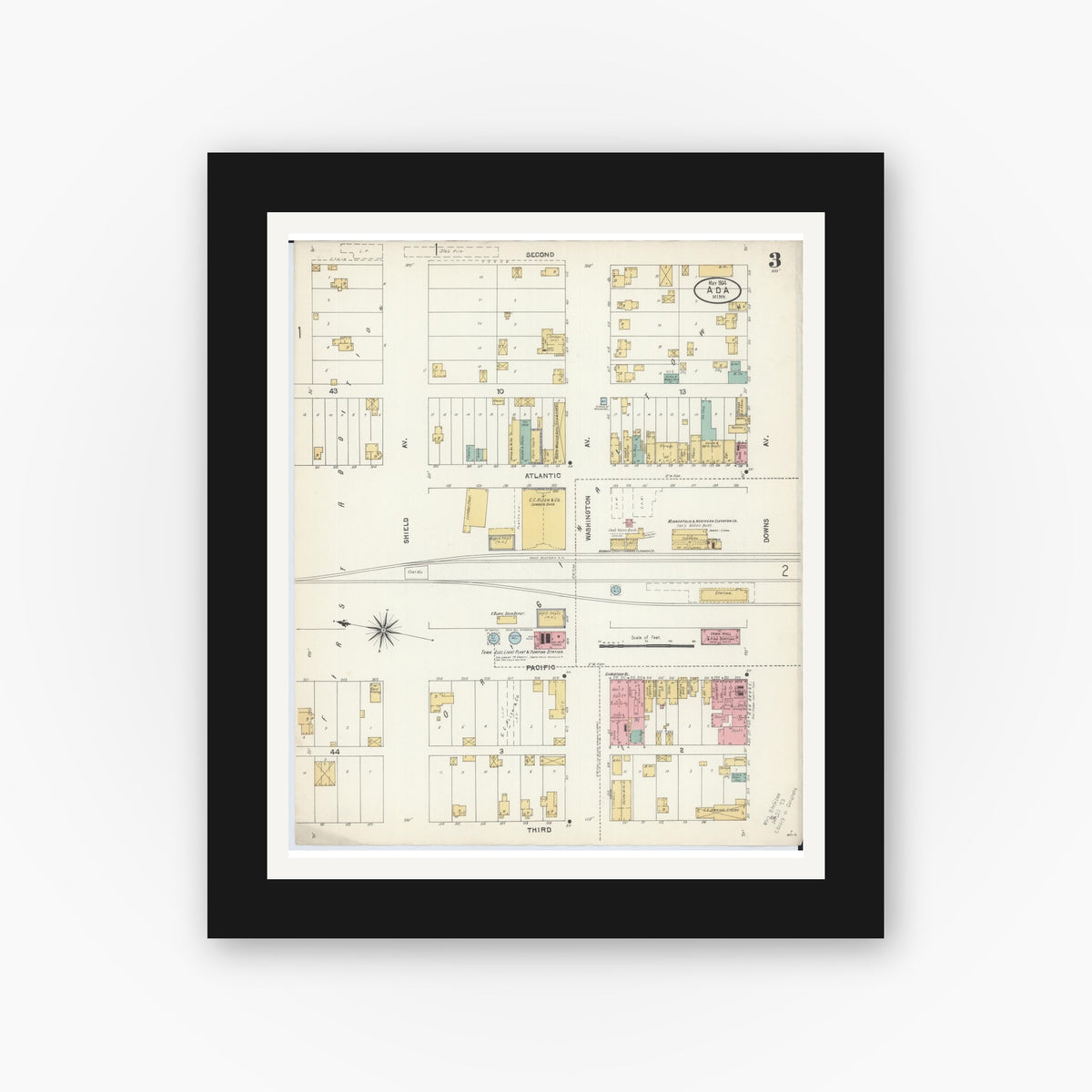 Old map wall art mockup — black gallery frame with white mat — Sanborn Fire Insurance Map from Ada, Norman County, Minnesota (1904), Sheet #0003