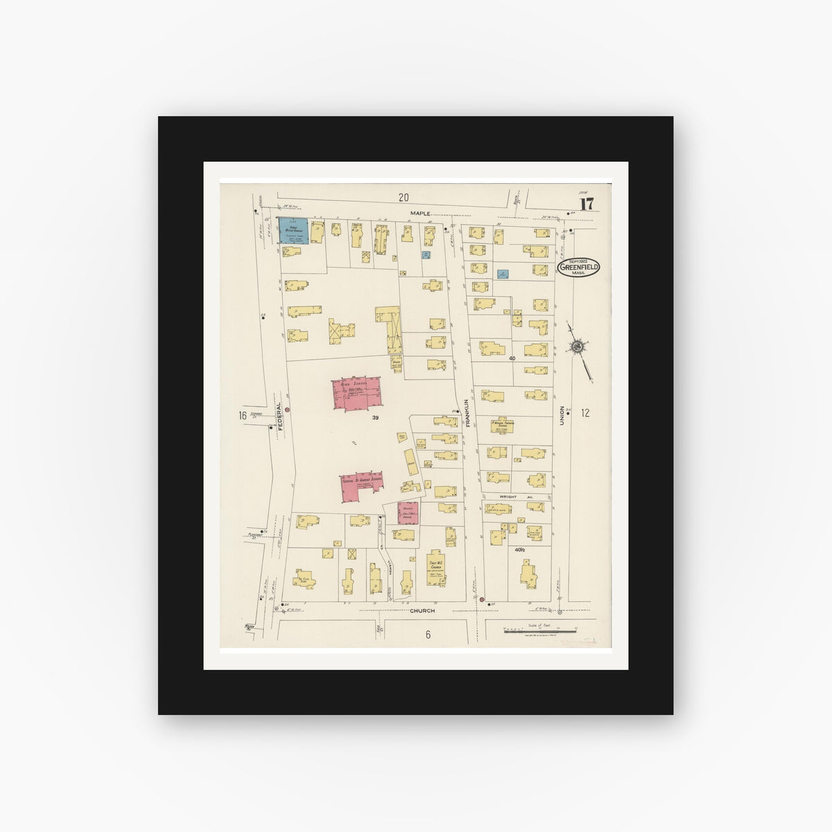 Old map wall art mockup — black gallery frame with white mat — Sanborn Fire Insurance Map from Greenfield, Franklin County, Massachusetts (1922), Sheet #0017