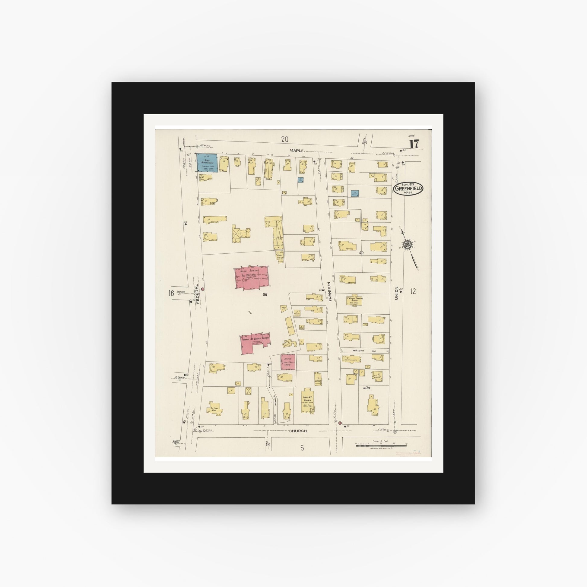 Old map wall art mockup — black gallery frame with white mat — Sanborn Fire Insurance Map from Greenfield, Franklin County, Massachusetts (1922), Sheet #0017