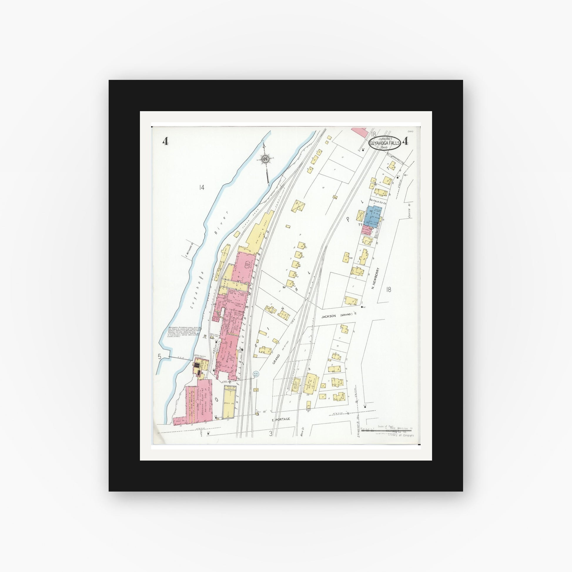 Old map wall art mockup — black gallery frame with white mat — Sanborn Fire Insurance Map from Cuyahoga Falls, Summit County, Ohio (1927), Sheet #0004