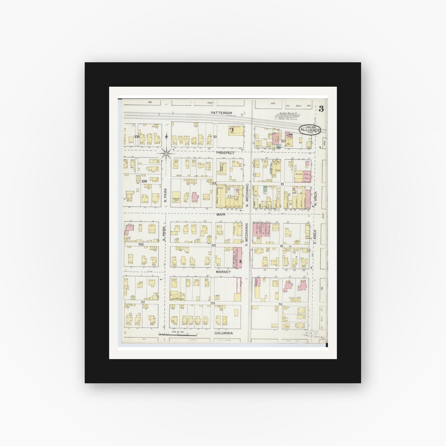 Old map wall art mockup — black gallery frame with white mat — Sanborn Fire Insurance Map from Alliance, Stark County, Ohio (1892), Sheet #0003