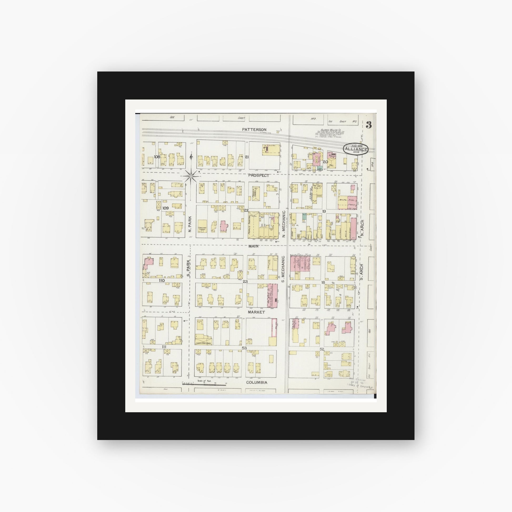 Old map wall art mockup — black gallery frame with white mat — Sanborn Fire Insurance Map from Alliance, Stark County, Ohio (1892), Sheet #0003