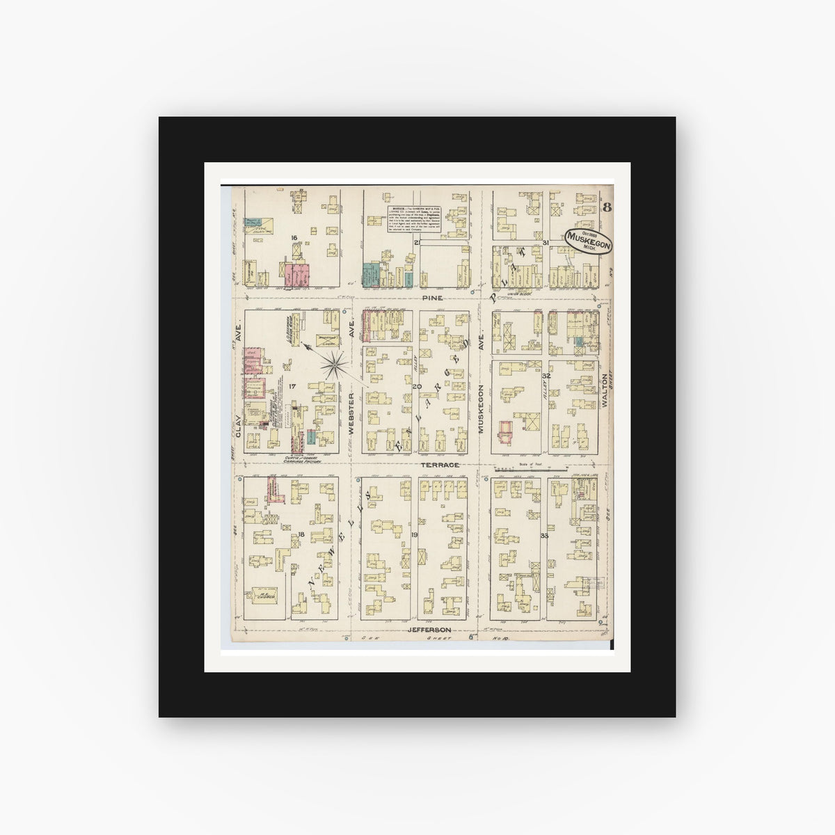 Old map wall art mockup — black gallery frame with white mat — Sanborn Fire Insurance Map from Muskegon, Muskegon County, Michigan (1883), Sheet #0008