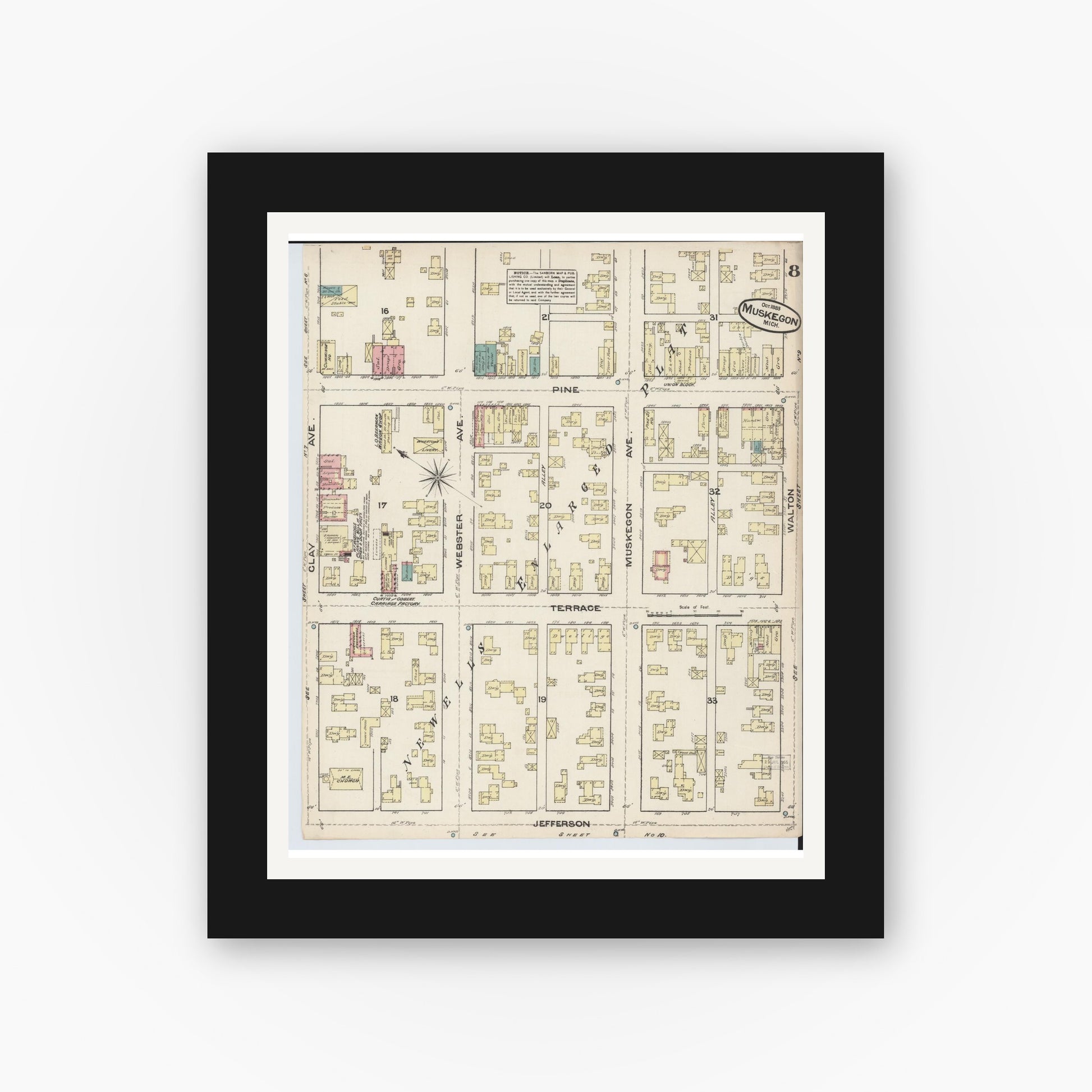 Old map wall art mockup — black gallery frame with white mat — Sanborn Fire Insurance Map from Muskegon, Muskegon County, Michigan (1883), Sheet #0008