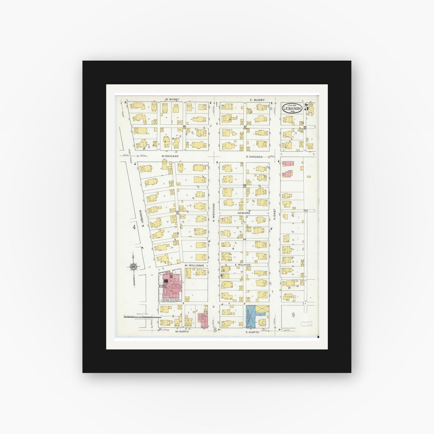 Old map wall art mockup — black gallery frame with white mat — Sanborn Fire Insurance Map from Lebanon, Boone County, Indiana (1919), Sheet #0005