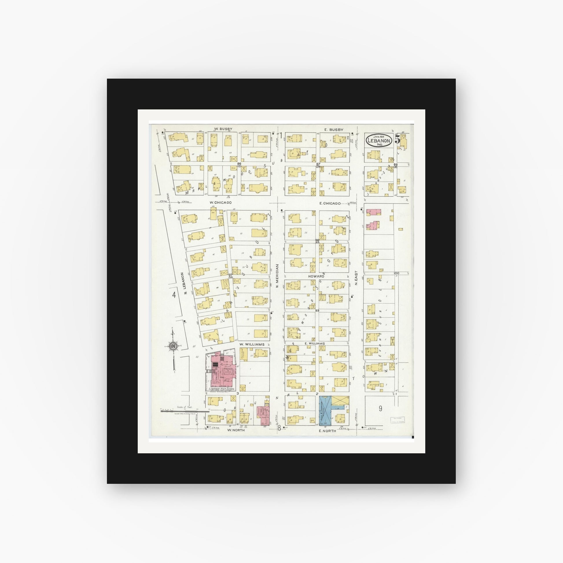 Old map wall art mockup — black gallery frame with white mat — Sanborn Fire Insurance Map from Lebanon, Boone County, Indiana (1919), Sheet #0005