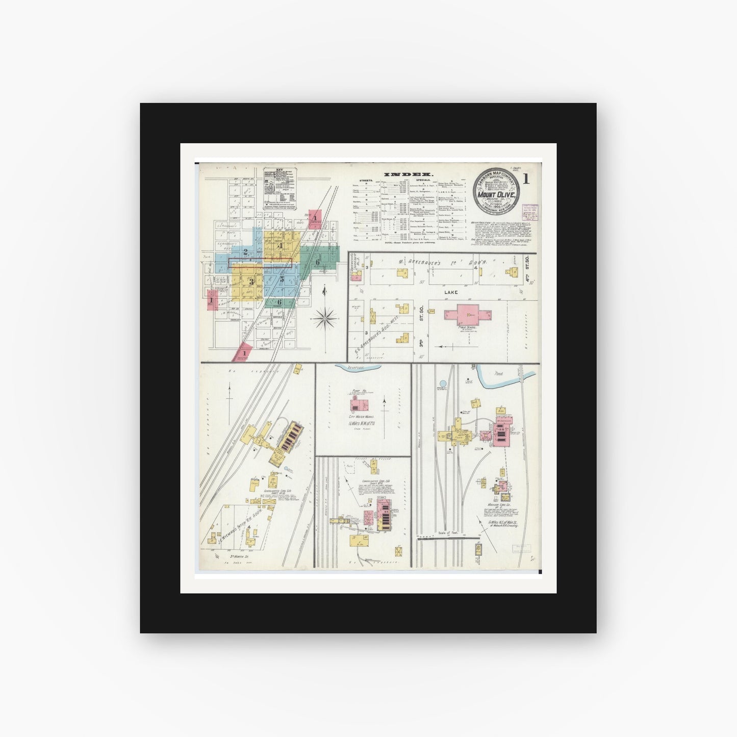 Old map wall art mockup — black gallery frame with white mat — Sanborn Fire Insurance Map from Mount Olive, Macoupin County, Illinois (1905) - Complete Map Set