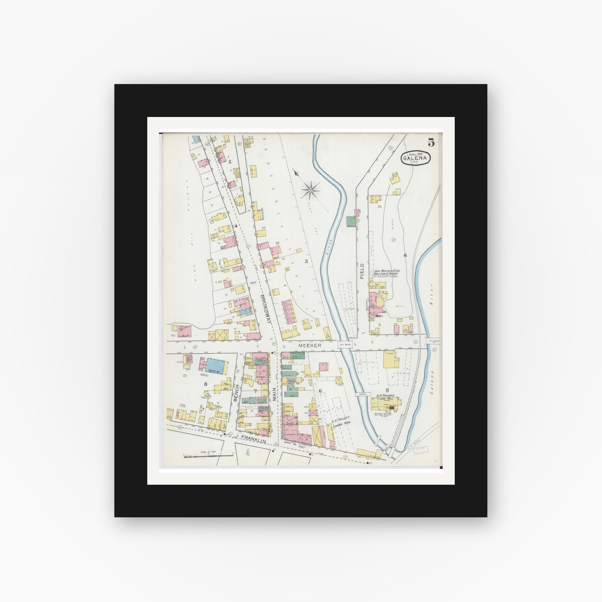 Old map wall art mockup — black gallery frame with white mat — Sanborn Fire Insurance Map from Galena, Jo Daviess County, Illinois (1893), Sheet #0005