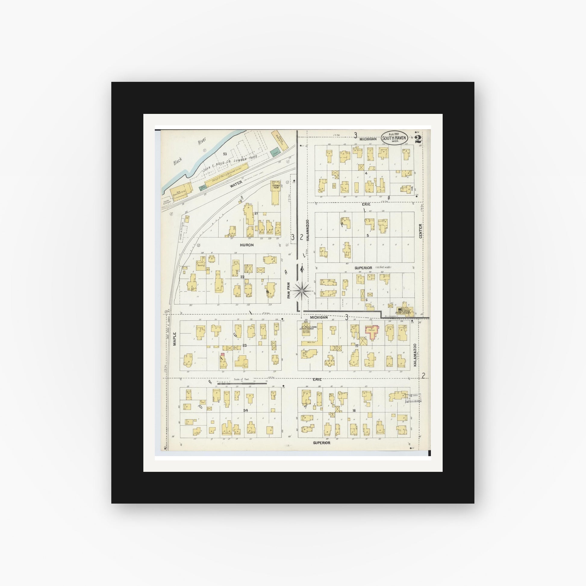 Old map wall art mockup — black gallery frame with white mat — Sanborn Fire Insurance Map from South Haven, Van Buren County, Michigan (1902), Sheet #0002