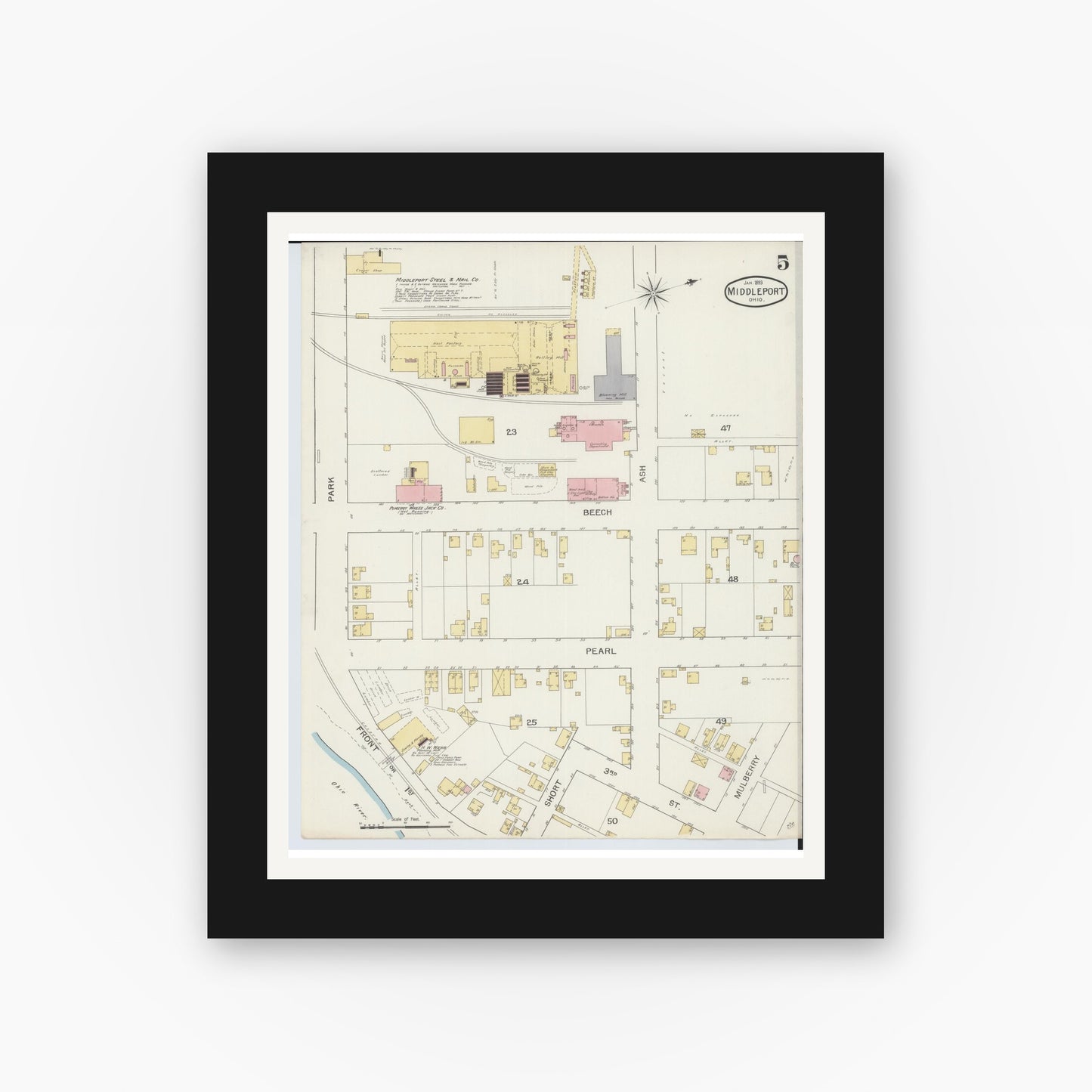 Old map wall art mockup — black gallery frame with white mat — Sanborn Fire Insurance Map from Middleport, Meigs County, Ohio (1893), Sheet #0005