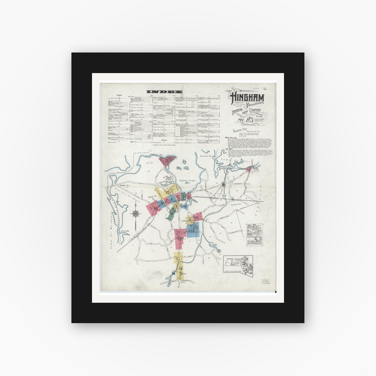 Old map wall art mockup — black gallery frame with white mat — Sanborn Fire Insurance Map from Hingham, Plymouth County, Massachusetts (1921), Sheet #0001