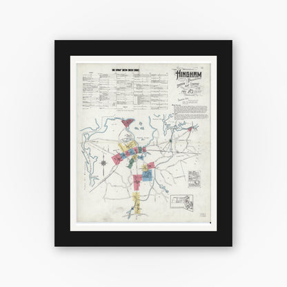 Old map wall art mockup — black gallery frame with white mat — Sanborn Fire Insurance Map from Hingham, Plymouth County, Massachusetts (1921), Sheet #0001