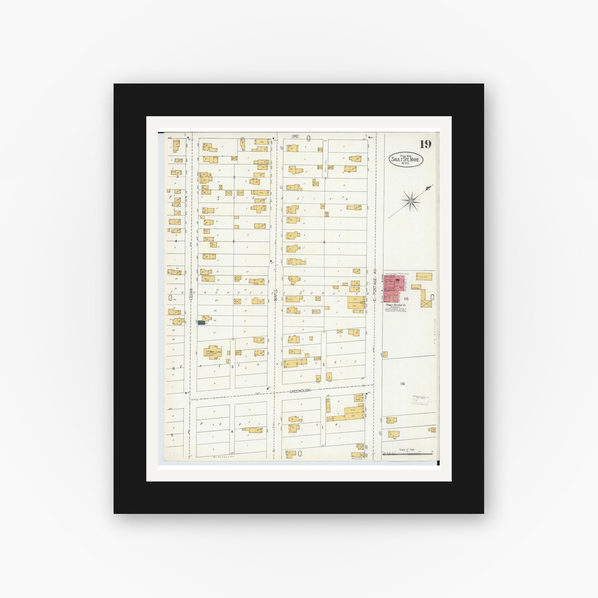 Old map wall art mockup — black gallery frame with white mat — Sanborn Fire Insurance Map from Sault Sainte Marie, Chippewa County, Michigan (1906), Sheet #0019