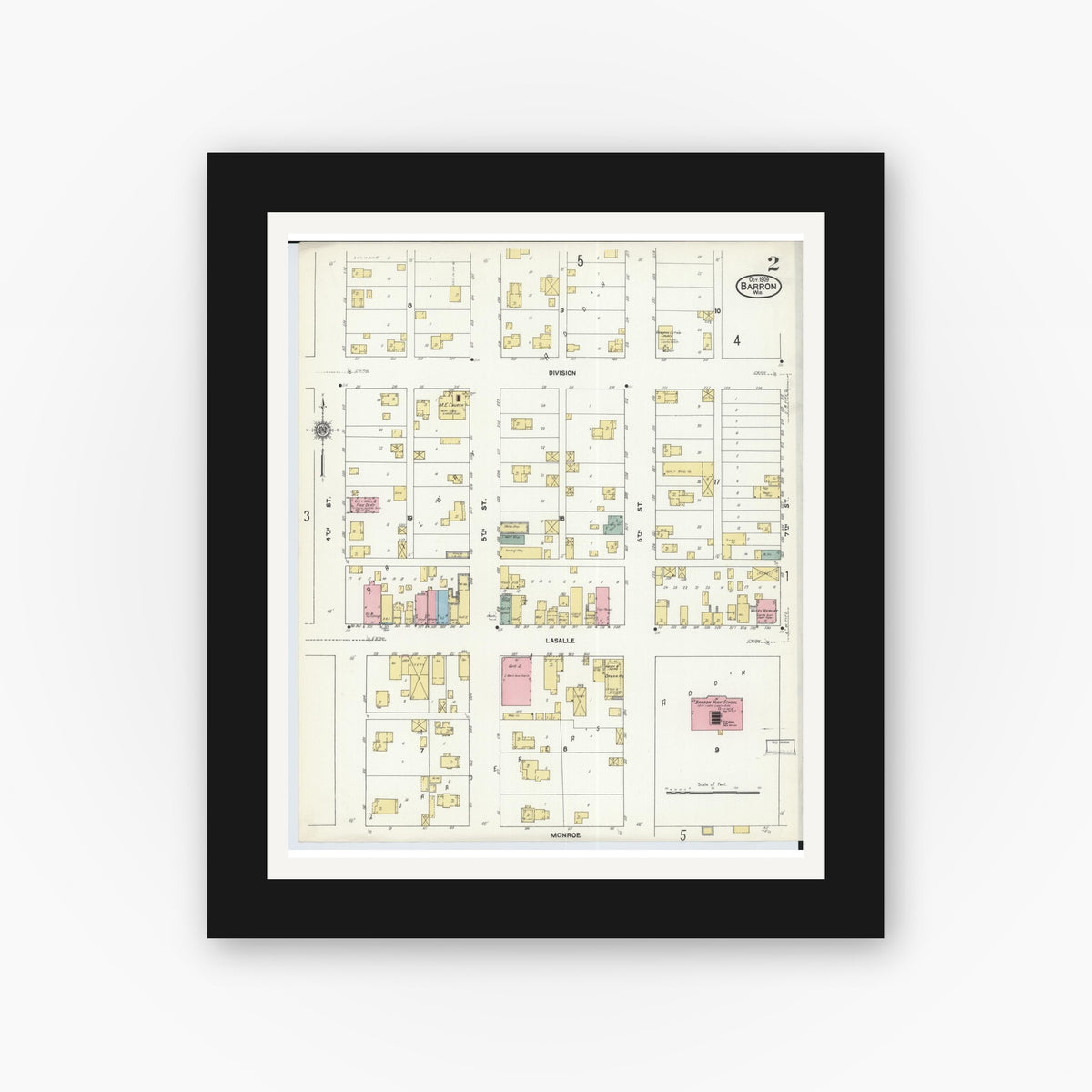 Old map wall art mockup — black gallery frame with white mat — Sanborn Fire Insurance Map from Barron, Barron County, Wisconsin (1909) - Complete Map Set