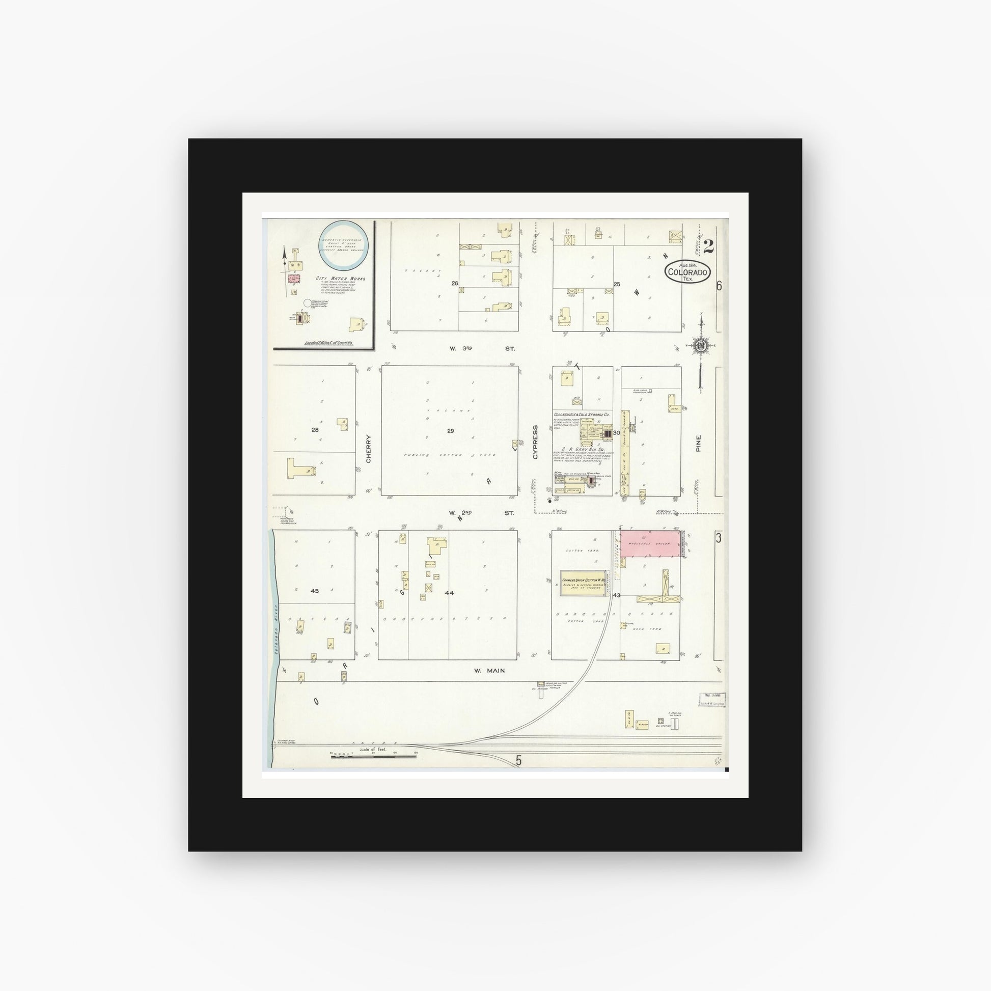 Old map wall art mockup — black gallery frame with white mat — Sanborn Fire Insurance Map from Colorado, Mitchell County, Texas (1914), Sheet #0002
