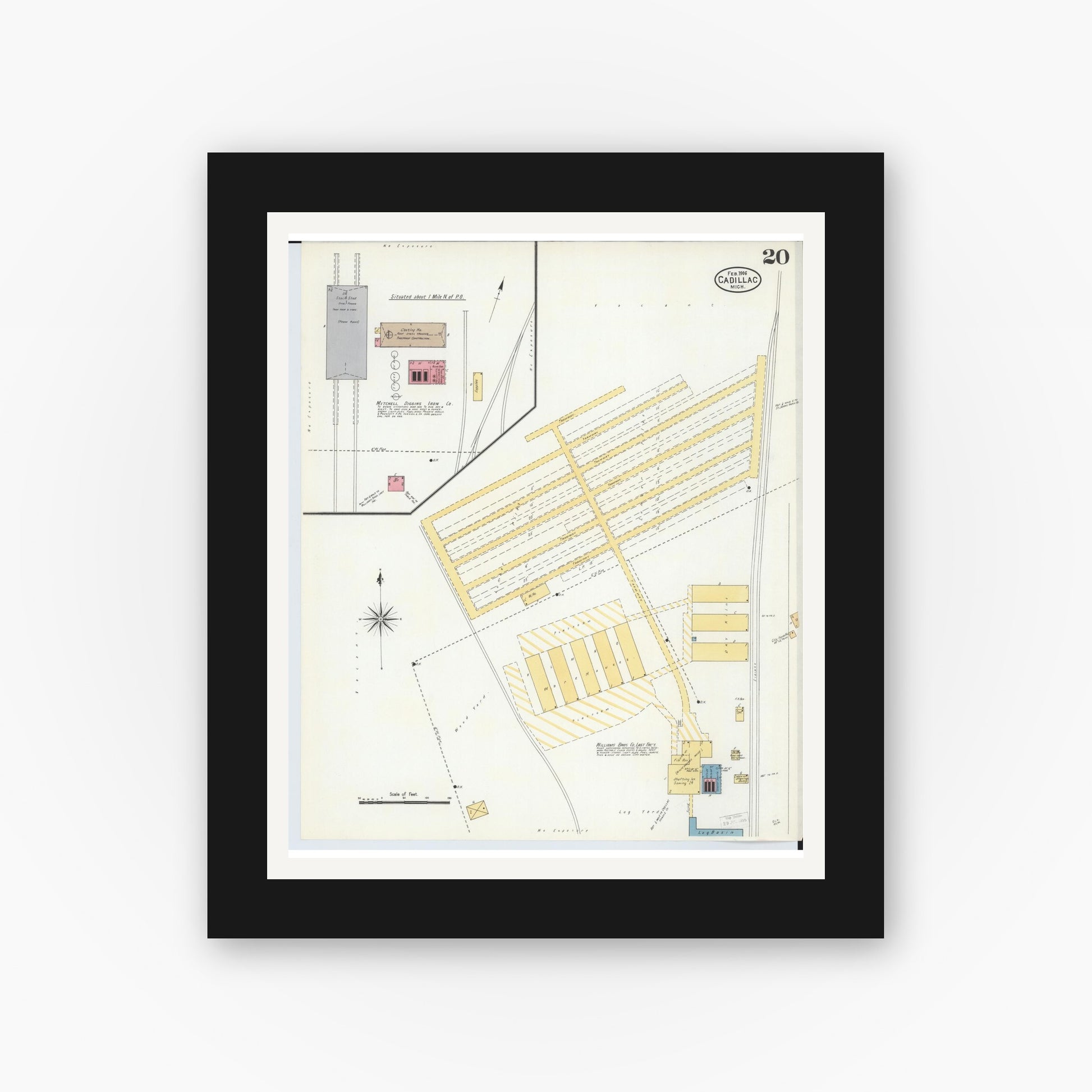 Old map wall art mockup — black gallery frame with white mat — Sanborn Fire Insurance Map from Cadillac, Wexford County, Michigan (1906), Sheet #0020