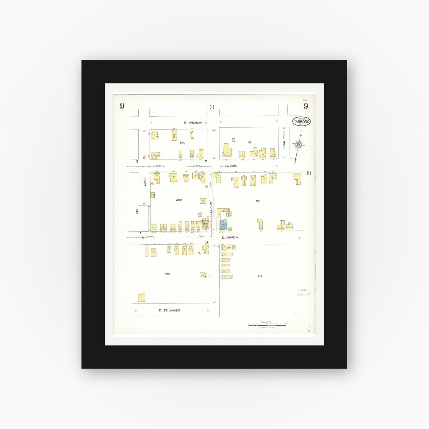 Old map wall art mockup — black gallery frame with white mat — Sanborn Fire Insurance Map from Tarboro, Edgecombe County, North Carolina (1923), Sheet #0009