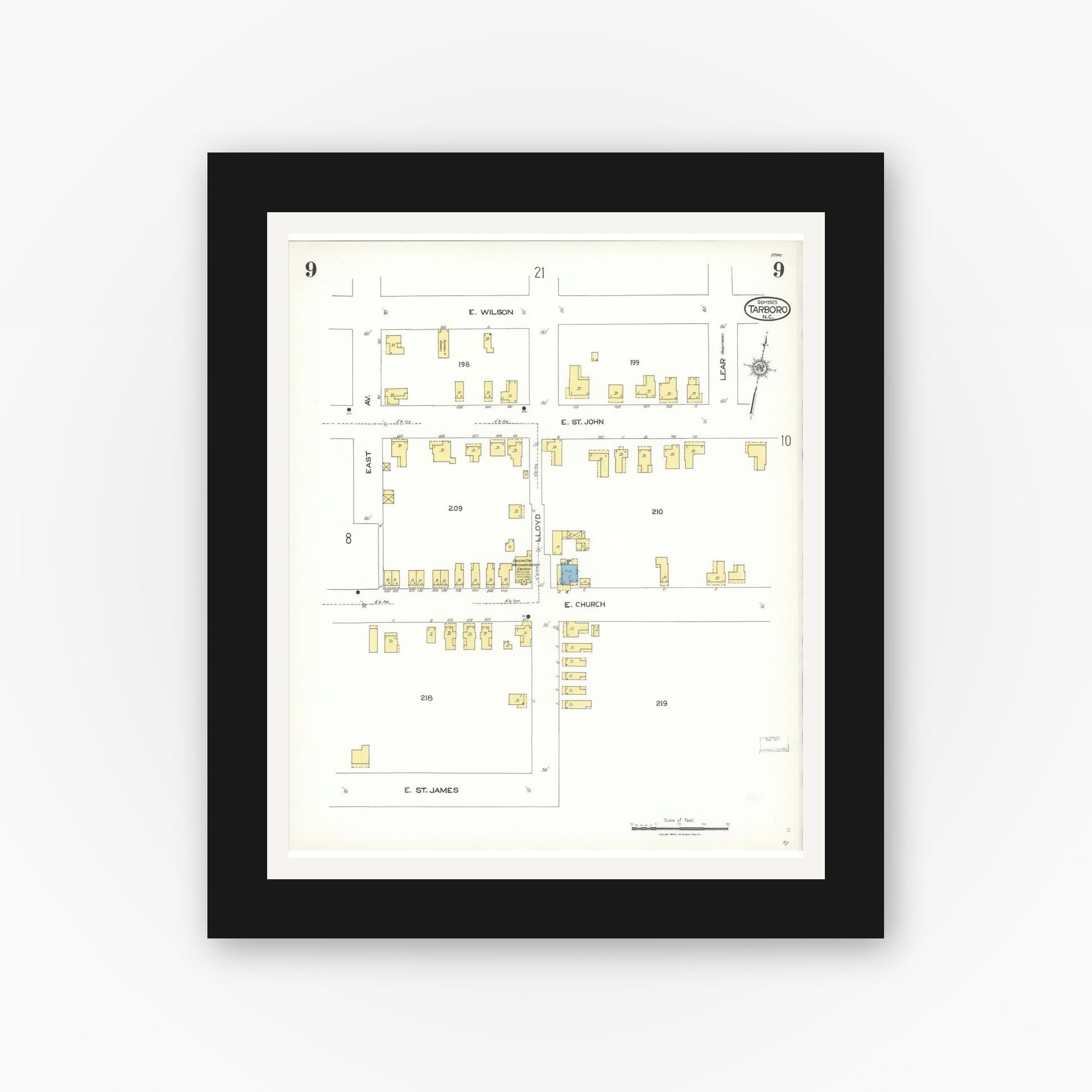 Old map wall art mockup — black gallery frame with white mat — Sanborn Fire Insurance Map from Tarboro, Edgecombe County, North Carolina (1923), Sheet #0009